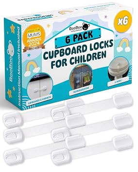 BooBoo Baby 6 Pack Premium Child Locks for Kitchen Cupboards | Child Proof Cabinet Locks, Drawer Locks Baby Proofing Cabinets with No Drilling, Extra Strong Adhesive + 2 Spare Stickers