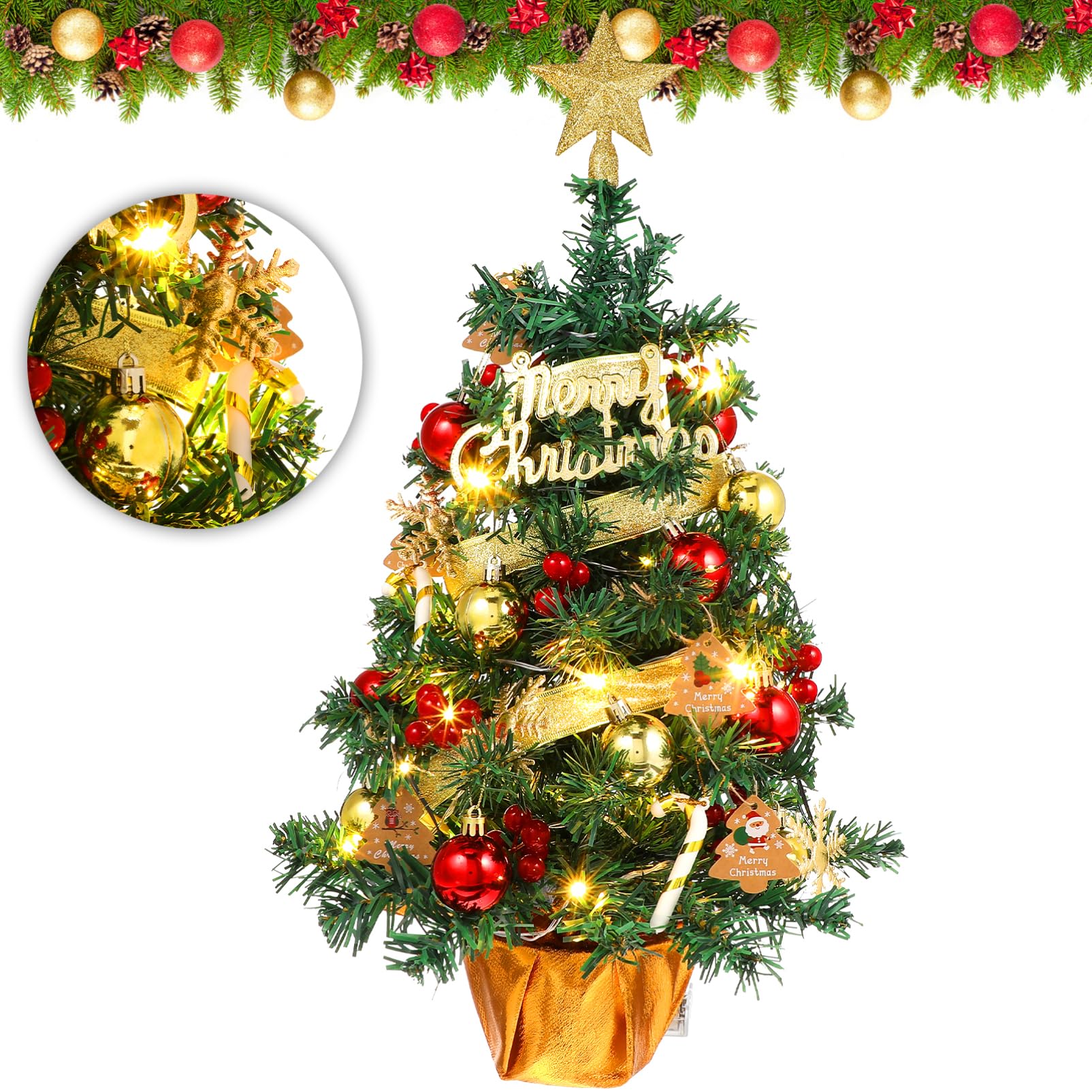 Cabilock Kleiner Weihnachtsbaum 60cm mit LED Lichtern und Kugeln für Tischdekoration