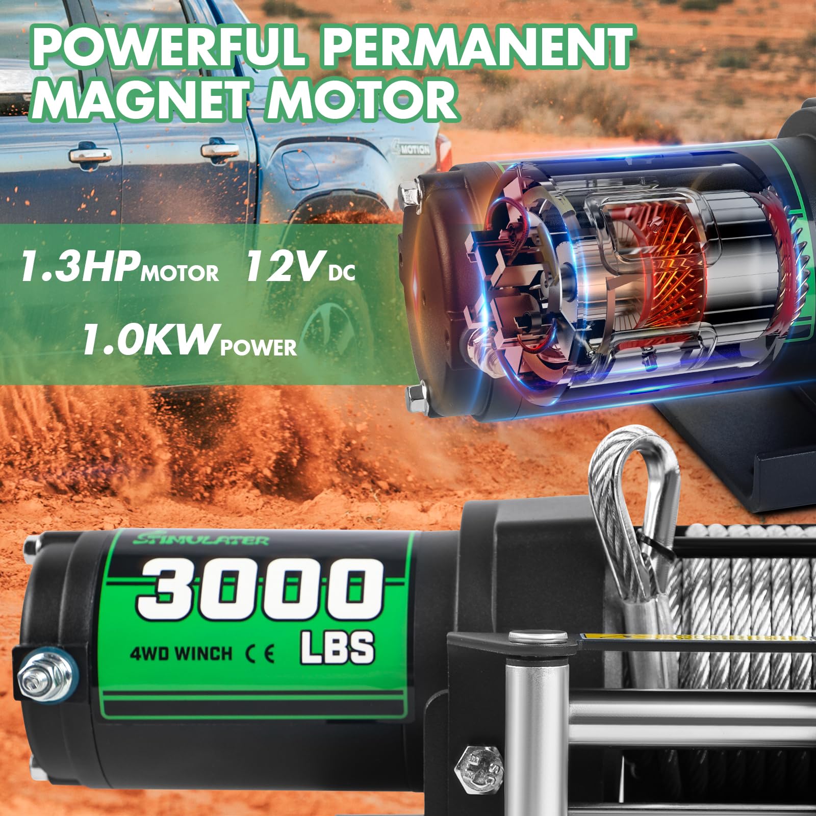 STIMULATER Wciągarka do ATV 1,360.8 kg, elektryczna wciągarka 12 V, stalowa wciągarka linowa, z bezprzewodowym pilotem i przewodowym przełącznikiem ręcznym, z prowadnicą Hawse, wodoodporność IP67