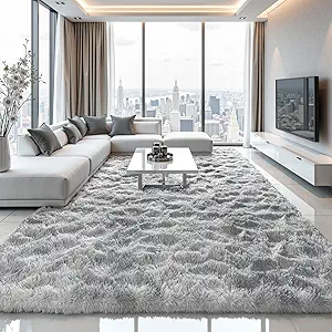 Zentavio Grey and White Area Rugs for Living Room Large Men Room Carpet 8x10 Bedroom Fluffy Furry Shag Aesthetic Plush High Pile Floor Rug for Kids Room Dorm Home Decor Tie-Dyed