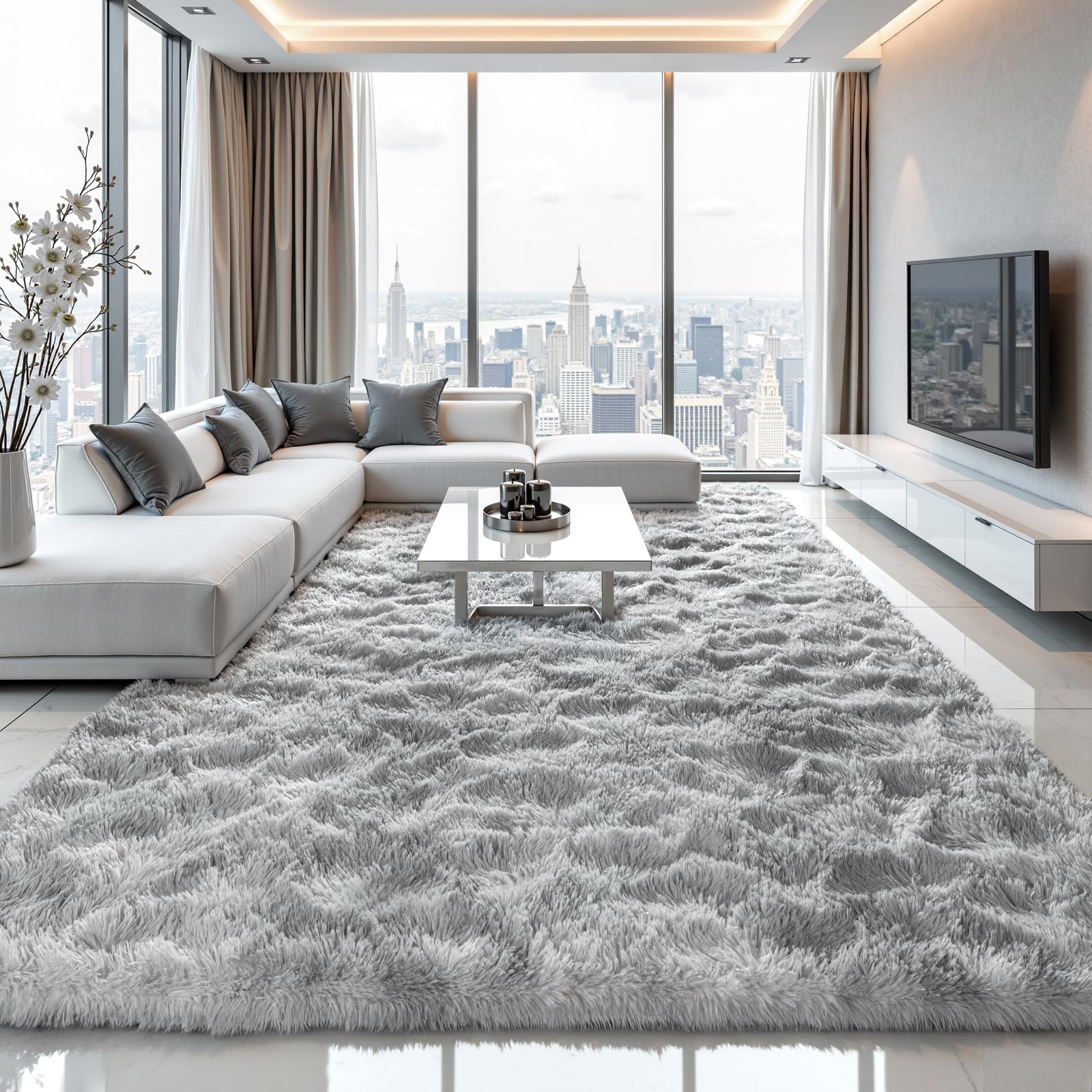 Zentavio Grey and White Area Rugs for Living Room Large Men Room Carpet 8x10 Bedroom Fluffy Furry Shag Aesthetic Plush High Pile Floor Rug for Kids