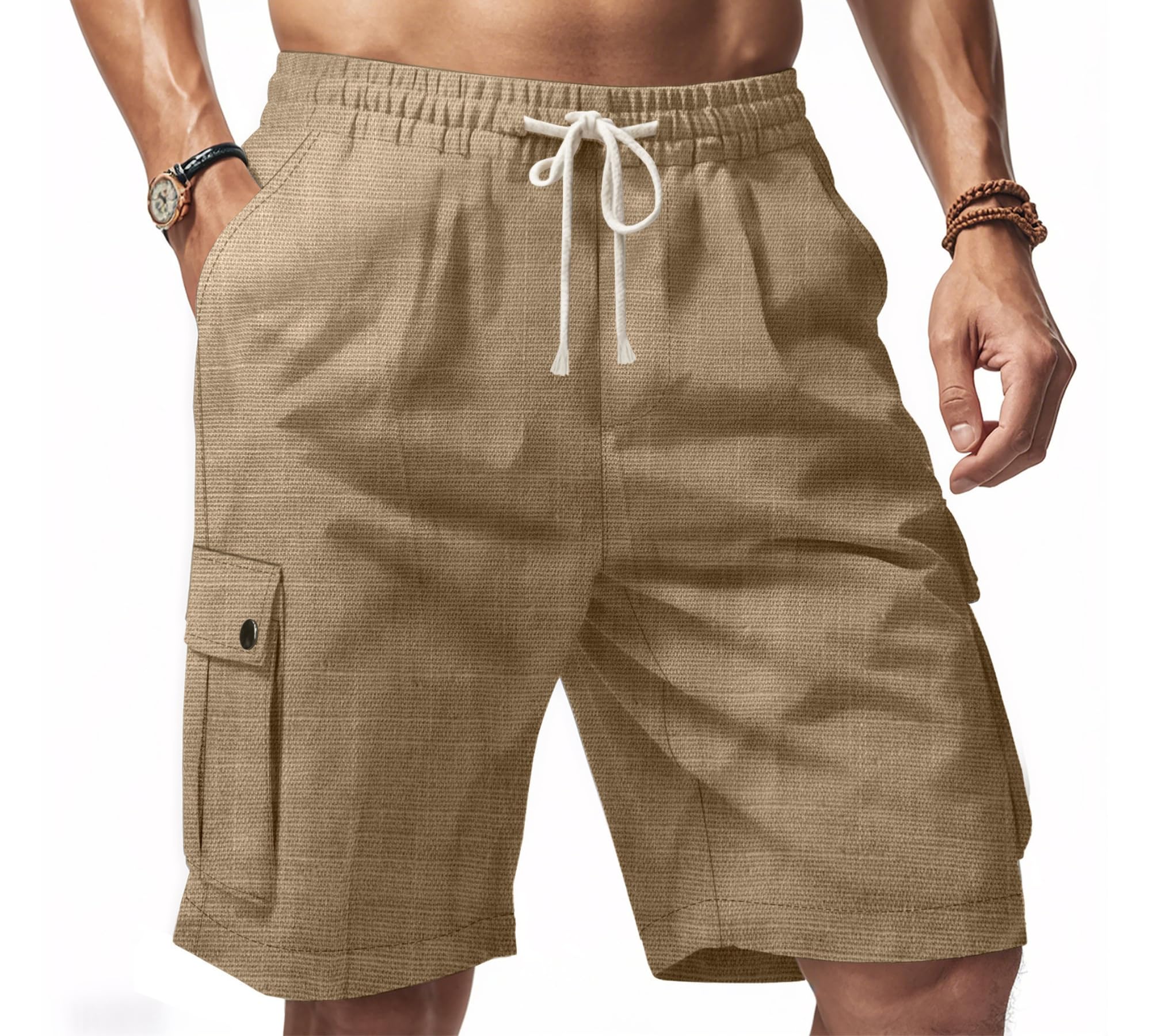 Dirxi Men Linen Shorts Casual Summer Elastic Waist Drawstring Cargo Pants Solid Color Straight Beach Pants Multi Pockets