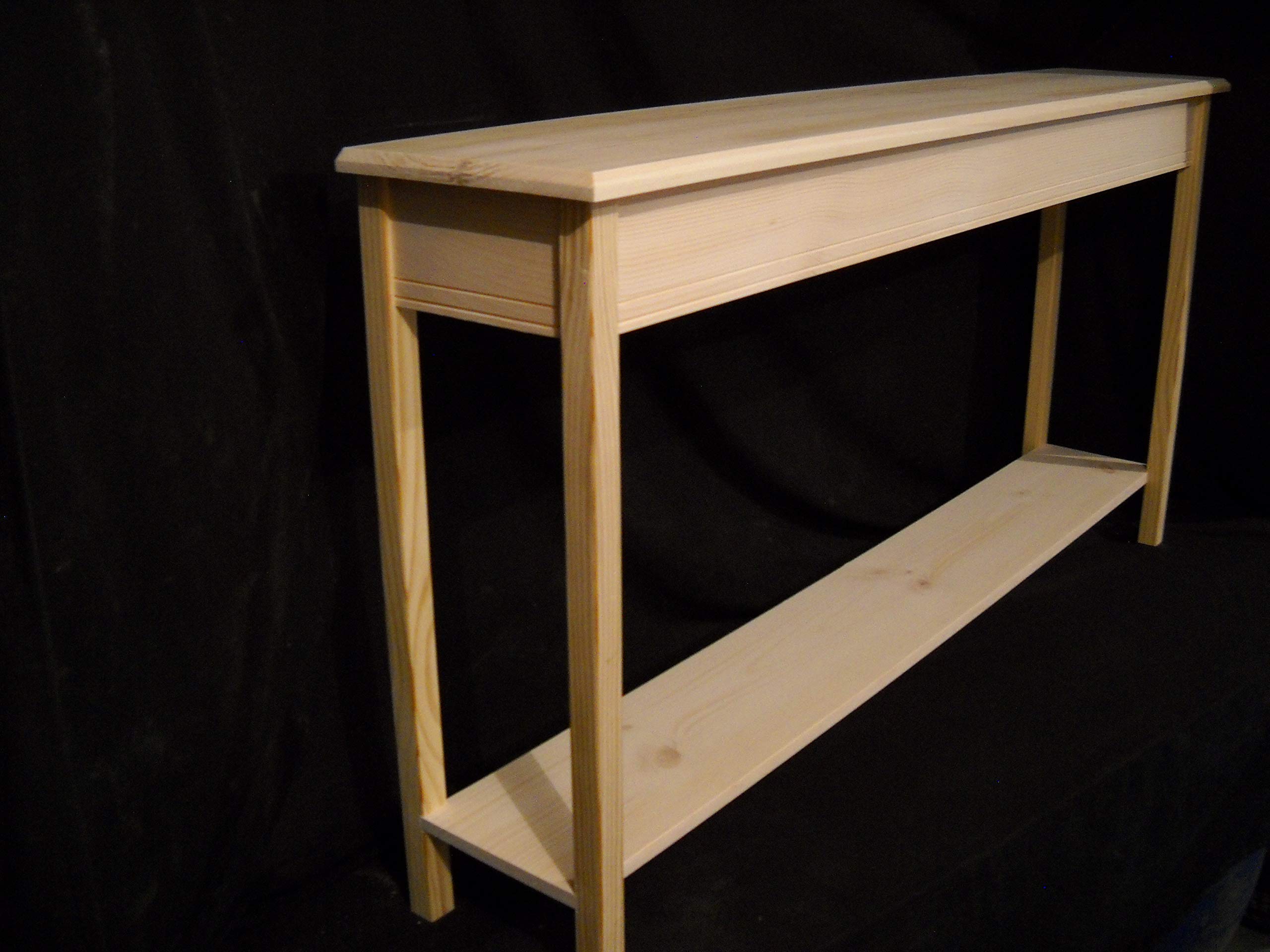 Unfinished 60" Console Sofa, 59¼"W x 11"D x 30"H T Beveled Edge Pine Table w/shelf