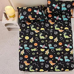 Yibeizi Jogo de lençol casal de dinossauro espacial para meninos, lençol de microfibra com estampa de planeta fofo, lençol de cama com bolso profundo e fronhas, 4 peças
