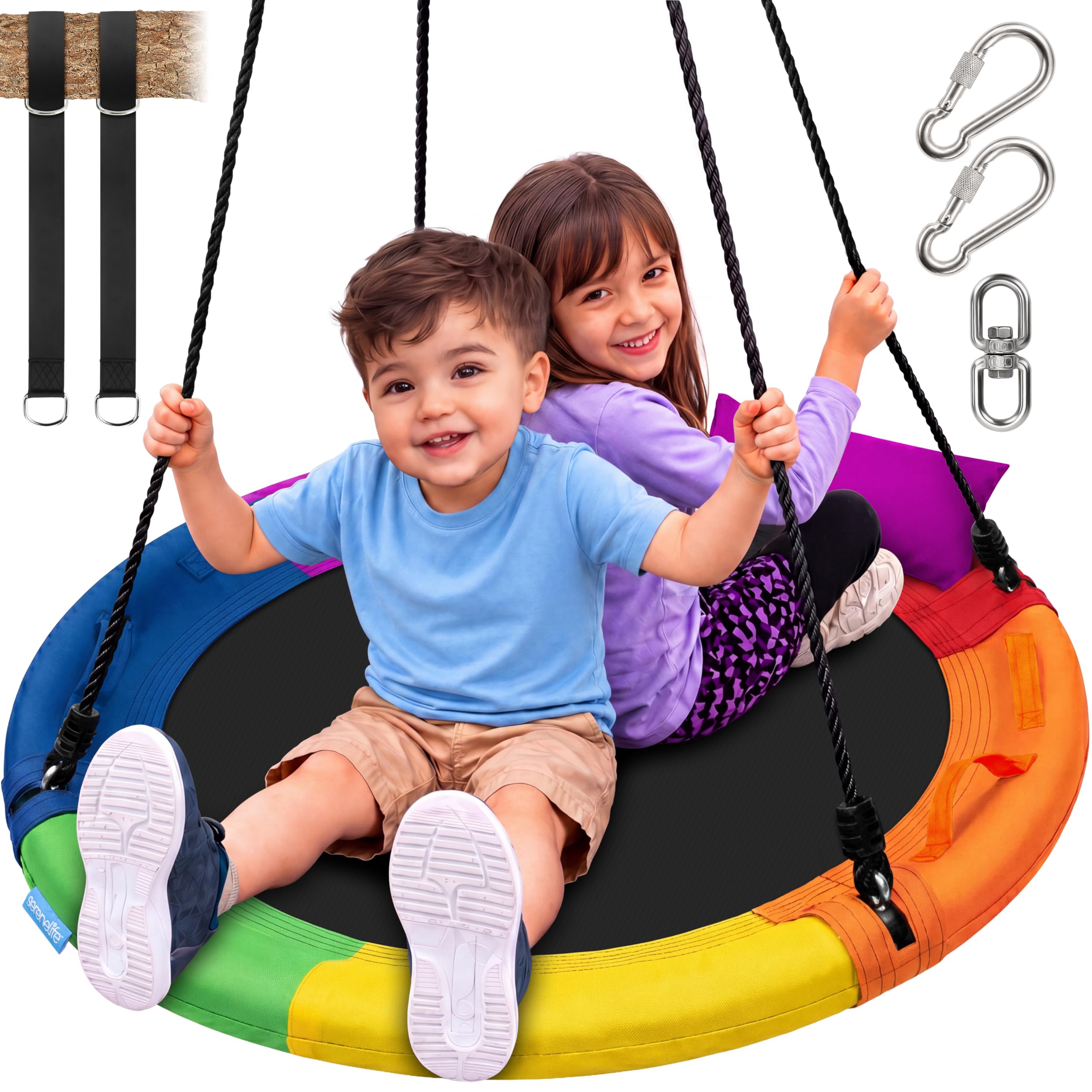 SereneLife Tree Swing Seat, Large Round Saucer Kids Swings, Adults and Kids Nest Swing, Durable Frame, 318kg Capacity, Indoor Outdoor Hanging Rope Swinging Seat for Backyard, Garden and More – Rainbow