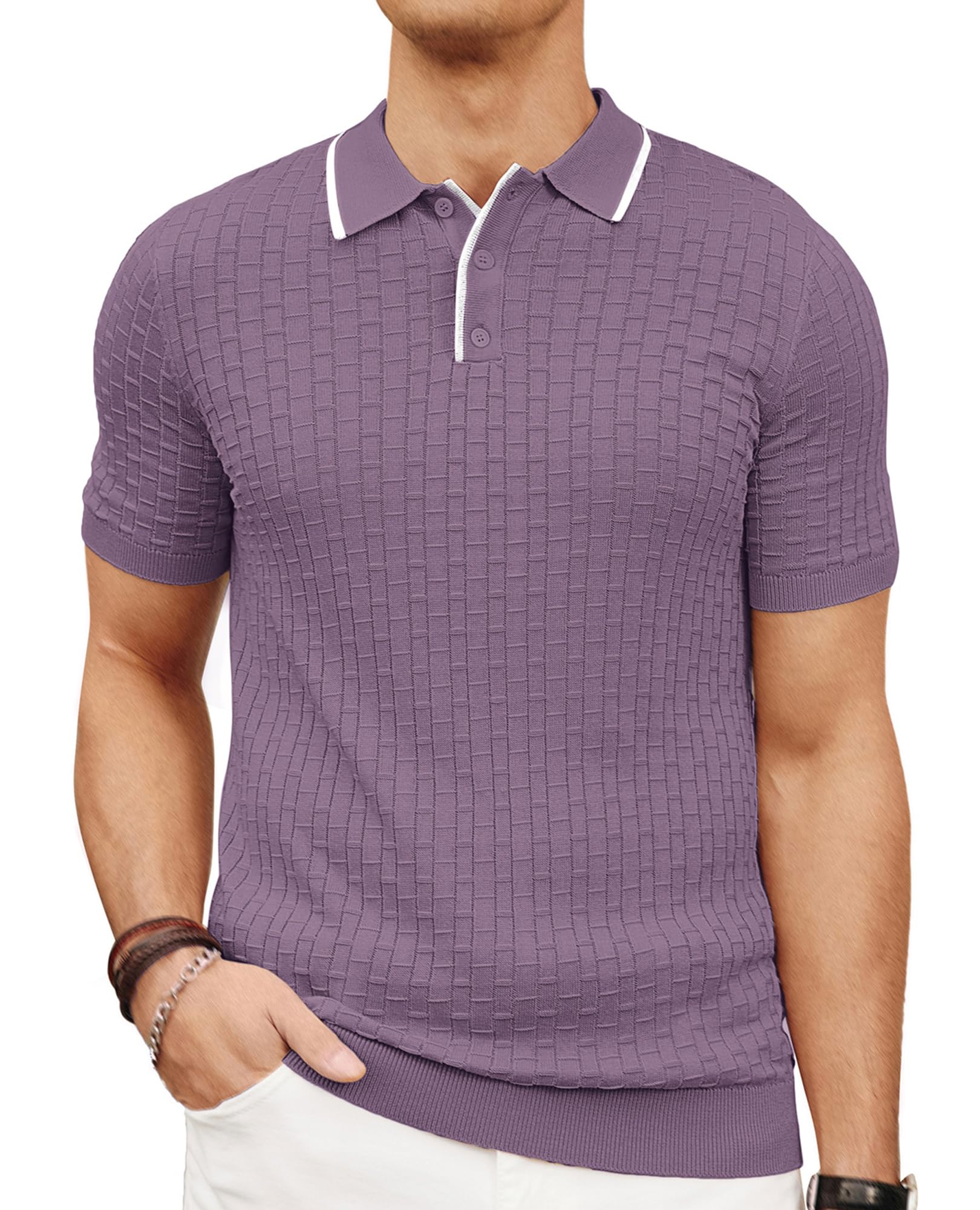 PJ PAUL JONESMens Knitted Polo Shirts Short Sleeve Texture Golf Polo Shirt Casual Breathable Polo Shirts