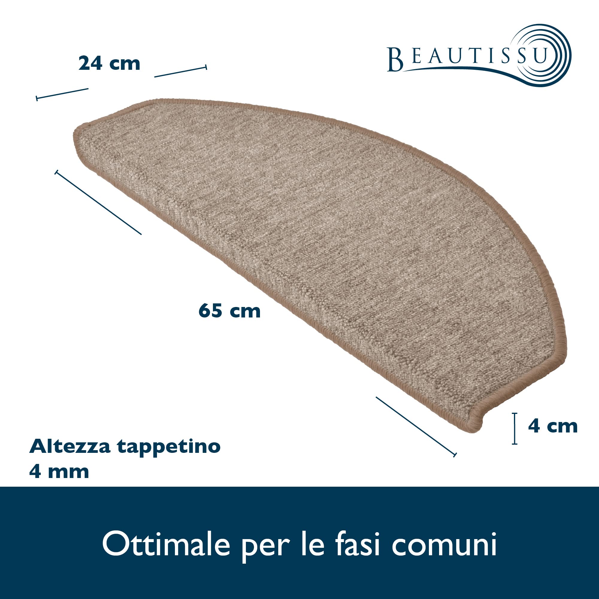Beautissu Tappeti per Scale Coprigradini ProStair 65x24cm - Set da 15 passatoie Singole per gradini - Tappetino Antiscivolo e Fonoassorbente con Retro Adesivo - Sicuro ed Elegante - Sabbia