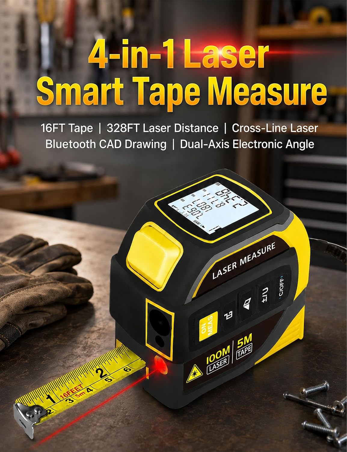 4-in-1 Laser Tape Measure, 328FT Laser Distance Meter with 16FT Tape | Cross-Line Laser Level, Dual-Axis Angle, Backlit LCD, Distance/Area/Volume, Pythagorean Theorem & Angle Measurement