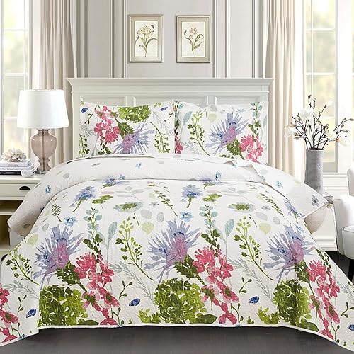 Miniatura 2 de Juego de edredones florales tamaño King, colchas ligeras de verano de 3 piezas, ropa de cama de flores moradas campestres, fundas reversibles de