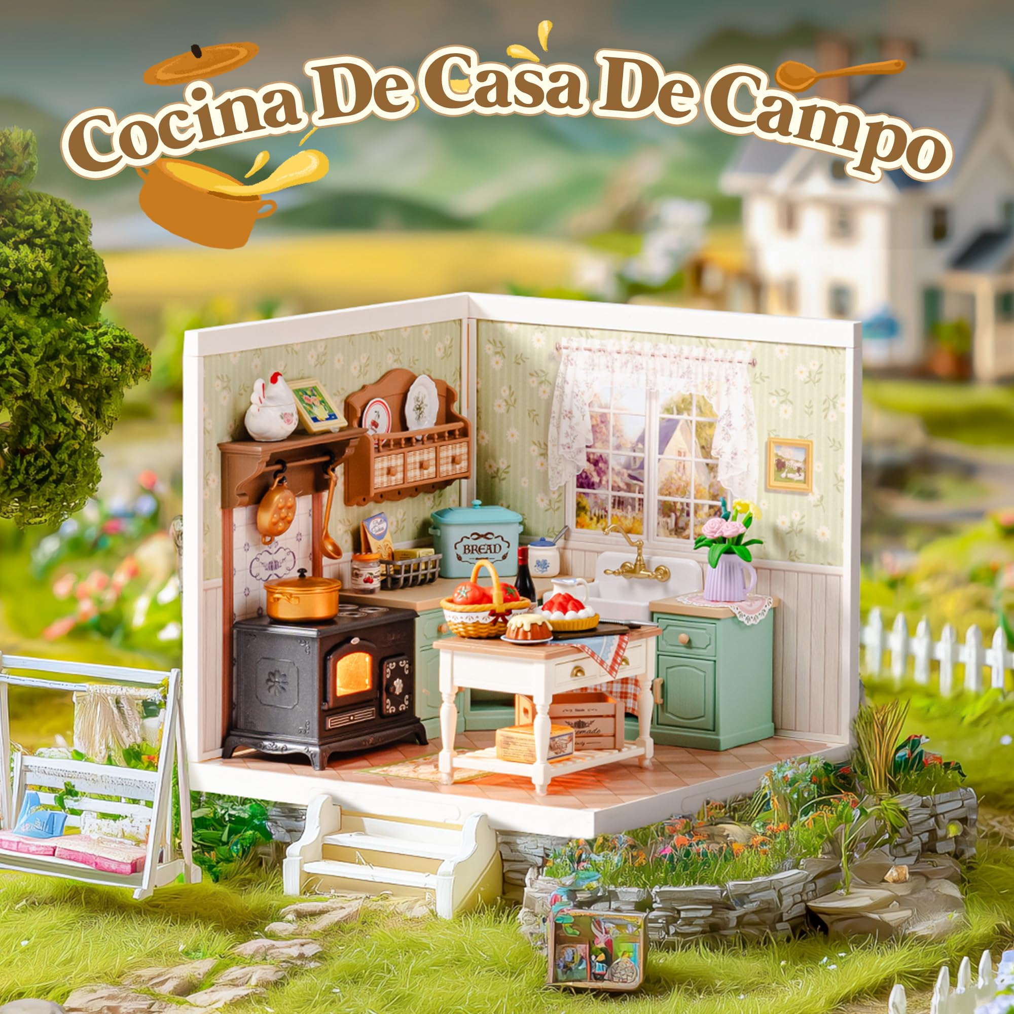 Rolife Super Creator Maquetas DIY Miniature House Kit Casas Miniaturas para Montar Maquetas Madera para Construir Adultos Caja Expositora Apilable Sin Pegamento Regalo Creativo (Farmhouse Kitchen)