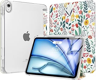 MoKo for iPad Air 11 inch Case M3/M2 2025/2024, iPad Air 5th/4th Gen 10.9 inch Case 2022/2020 with Pencil Holder, Slim Lightweight Trifold Cover with Hard PC Transparent Back Shell, Touch ID, Flowers
