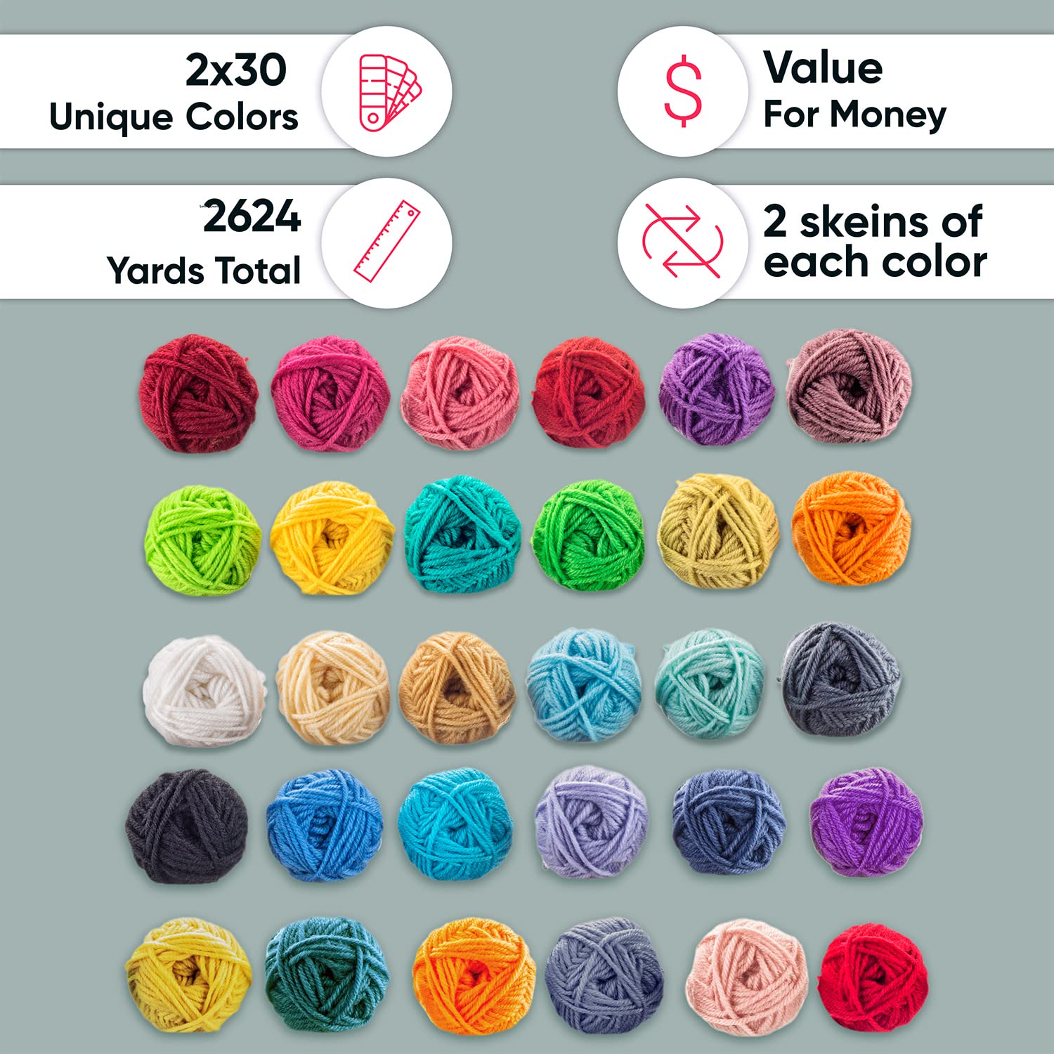 CRAFTISS 60 Stück 20 g Acrylgarn, Mini-Knäuel, 2600 Meter weiches Garn zum Häkeln und Stricken, für Bastelprojekte, sortiert, Starter-Häkel-Set für Erwachsene und Kinder
