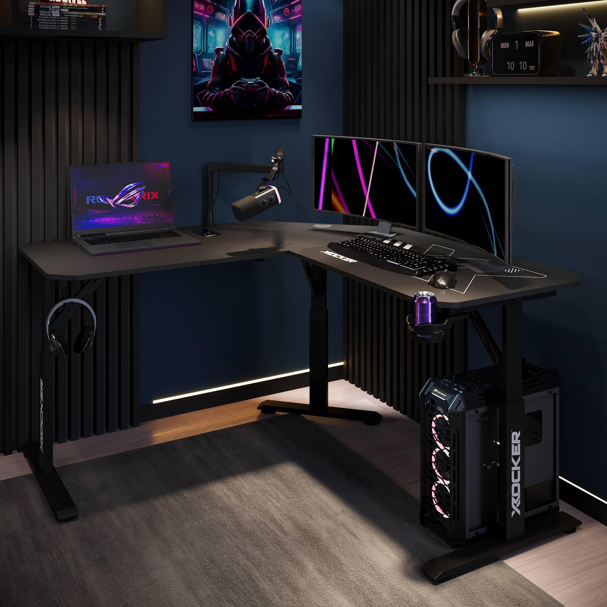 Bureau de jeu double écran X-Rocker Cougar en forme de L robuste avec cadre métal carbone 140