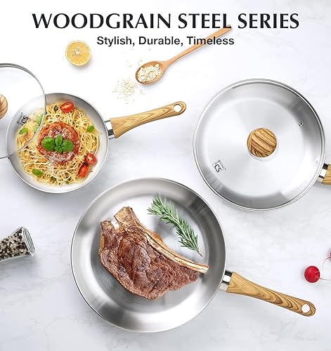 Miniatura 6 de KOCH SYSTEME CS Juego de sartenes de acero inoxidable con tapa, sartenes de acero inoxidable de 8 y 10 y 12 pulgadas con mango resistente al calor,