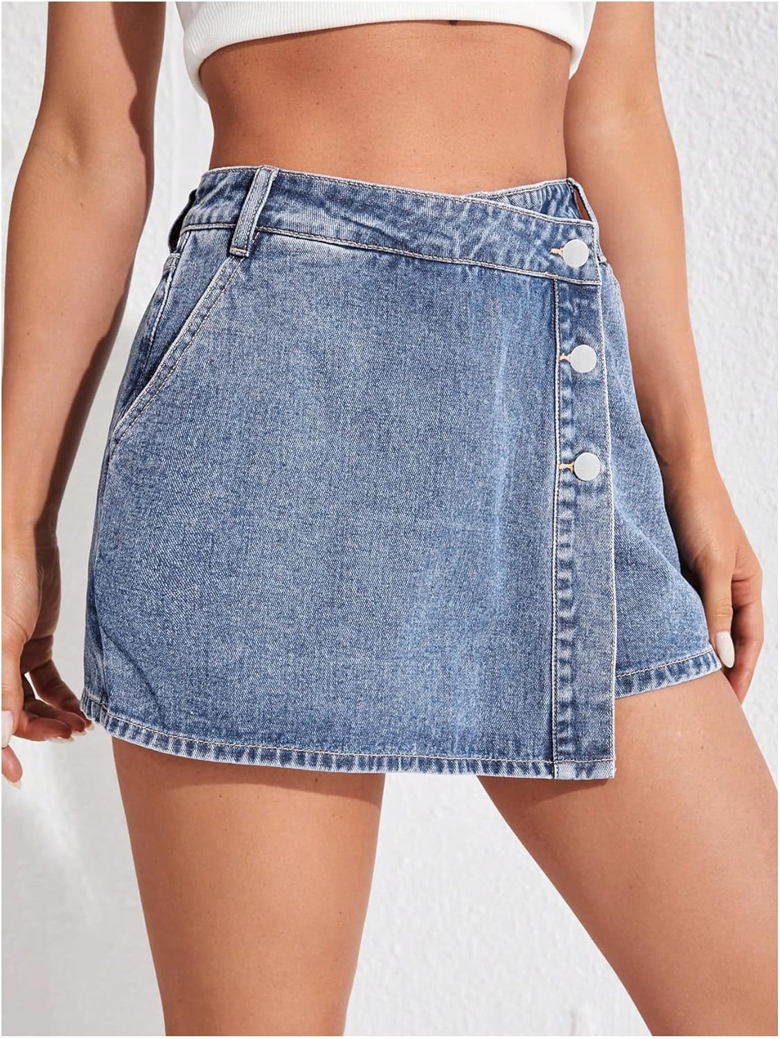 WDIRARA Women's High Waisted Button Front Denim Skort Asymmetrical Hem Skirt Shorts - Image 4