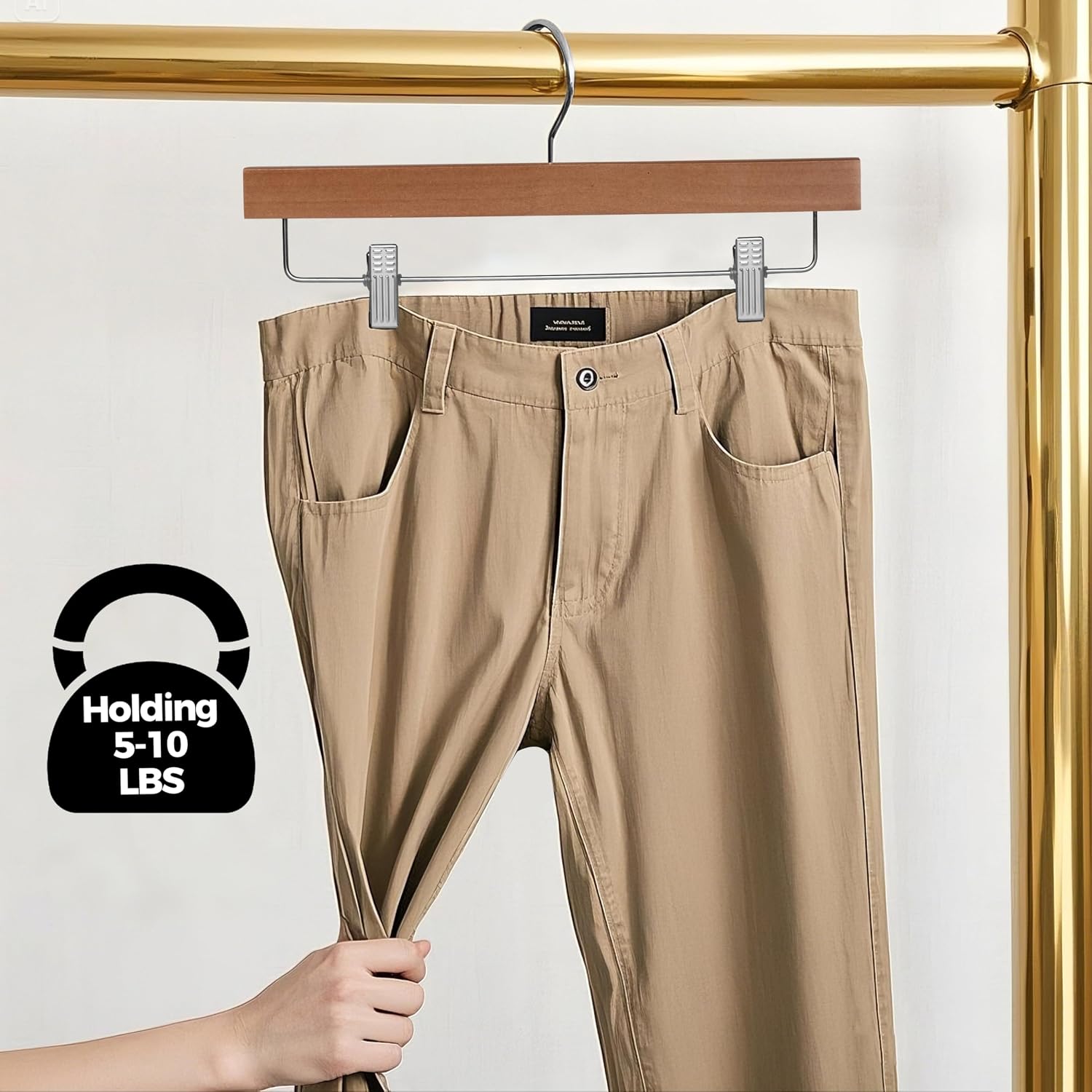 Quality Hangers Wooden Pants Hangers - 10-Pack Swivel Hook Cloth Hanger Set - Lotus Wood Skirt, Pant, Shorts and Slack Hangers with Adjustable Clip (Walnut - Chrome Hook, 10) image 5