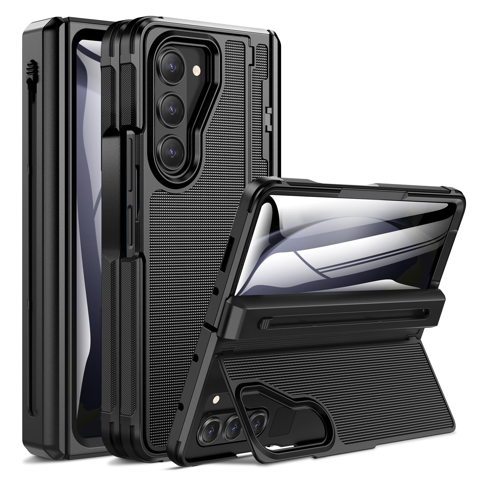 Doeshine Cover Per Samsung Galaxy Z Fold 5 con Supporto, Slot S-Pen Integrato (No S-Pen), [Protezione Cerniera & Pellicola Schermo], Custodia Rigida Robusta per Z Fold 5 Cover Pieghevole (Nero)