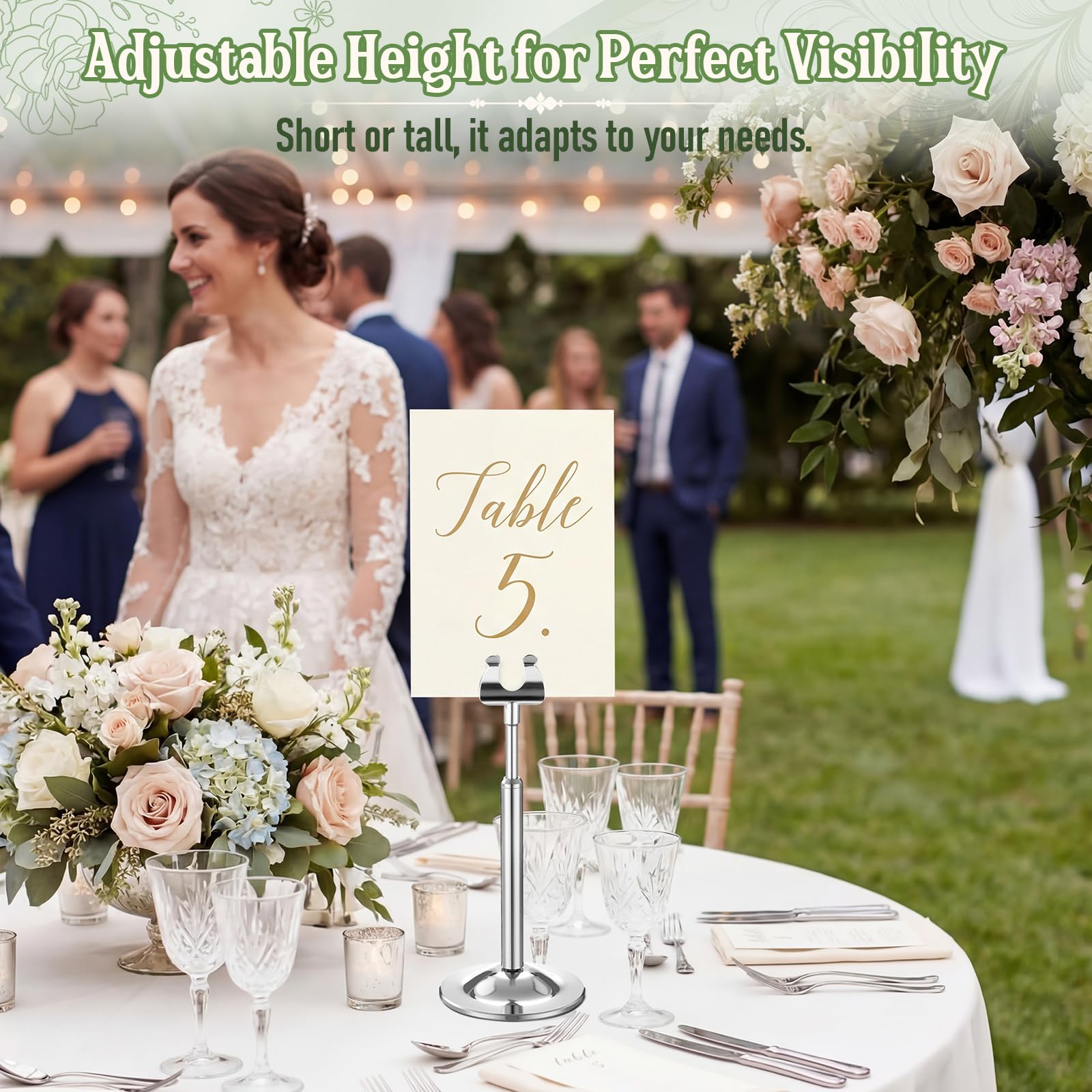Kathfly Tischnummernhalter, verstellbar, Metall, Harfenclip, Tischschilder, abnehmbarer Kartenhalter für Hochzeiten, Geburtstage, Restaurants, Tischdekoration (12,4 - 18,9 cm)
