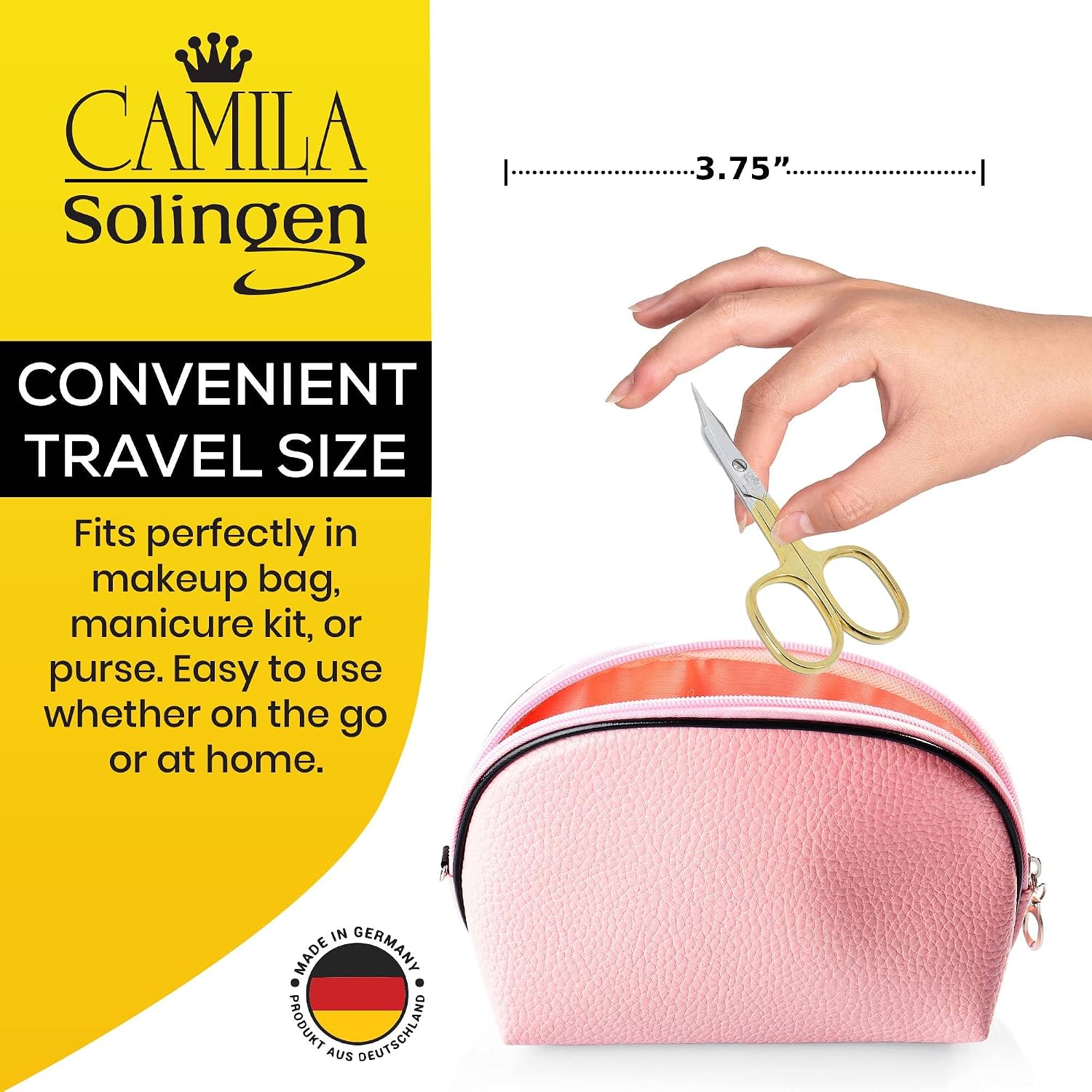 CS03 Professional Nail Cuticle Scissors, Hypoallergenic Gold Plated Sharp Curved Manicure Pedicure Grooming for Finger and Toe Nail Care. Made of Carbon Steel in Solingen, Germany