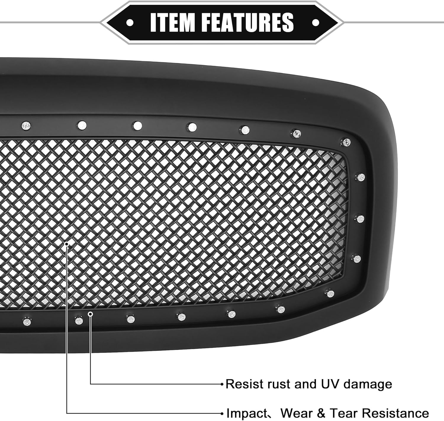 Mesh Front Hood Bumper Grille Grill Compatible for Dodge for Ram 1500/2500/3500 2006-2009, Durable, ABS, Matte Black Front Bumper Upper Grill Grille with Rivet