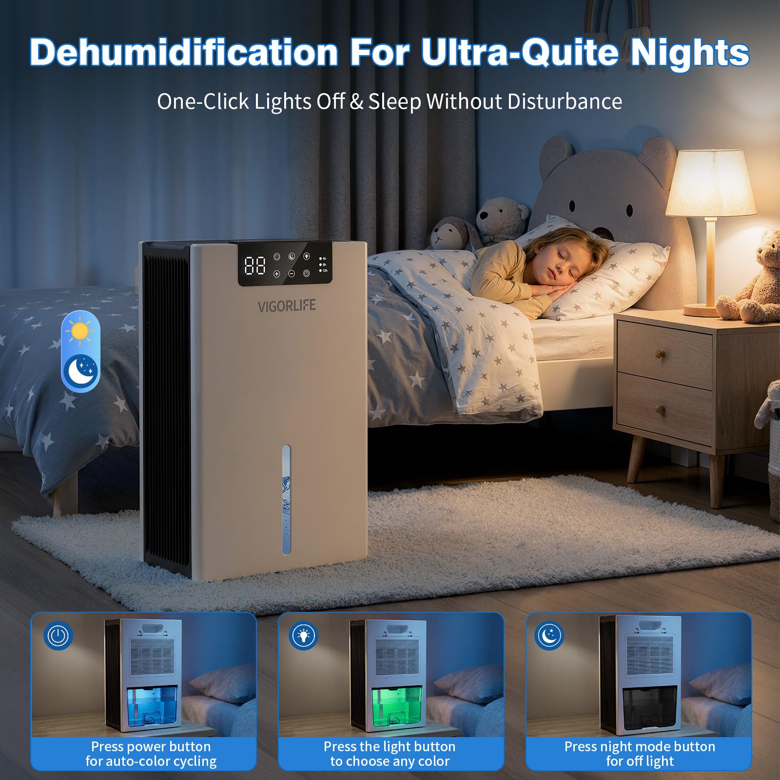 Deumidificatore elettrico, silenzioso, 2800 ml, con sbrinamento automatico, timer e display LED, 7 colori, assorbitore di umidità per casa, guardaroba e ripostiglio (Bianco)