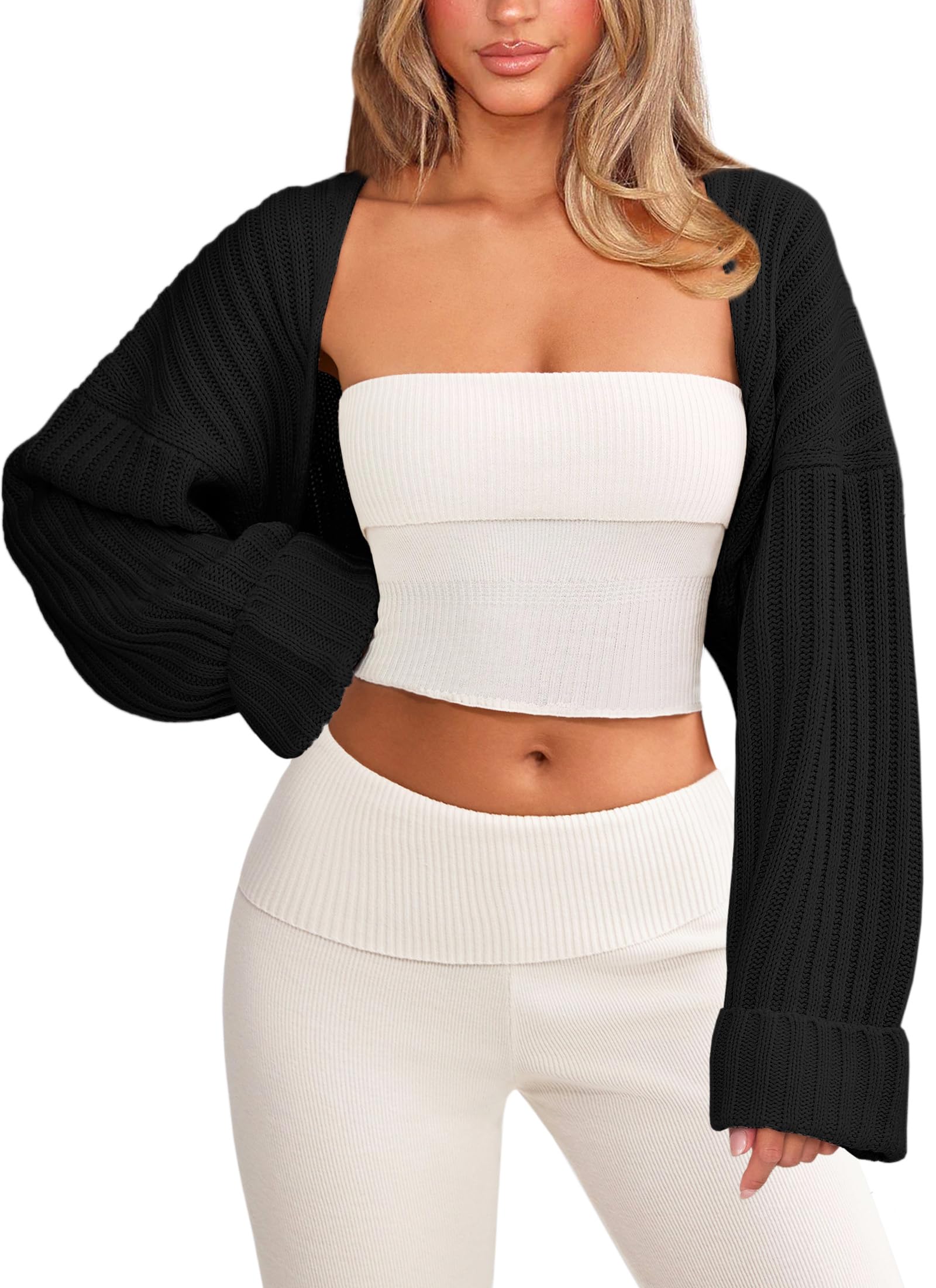 OZICERD Chunky Knit Bolero Shrug Cardigan Sweater for Women Fall Open Front Long Arm Sleeve Cropped Cardigan Y2k Loose Sueter