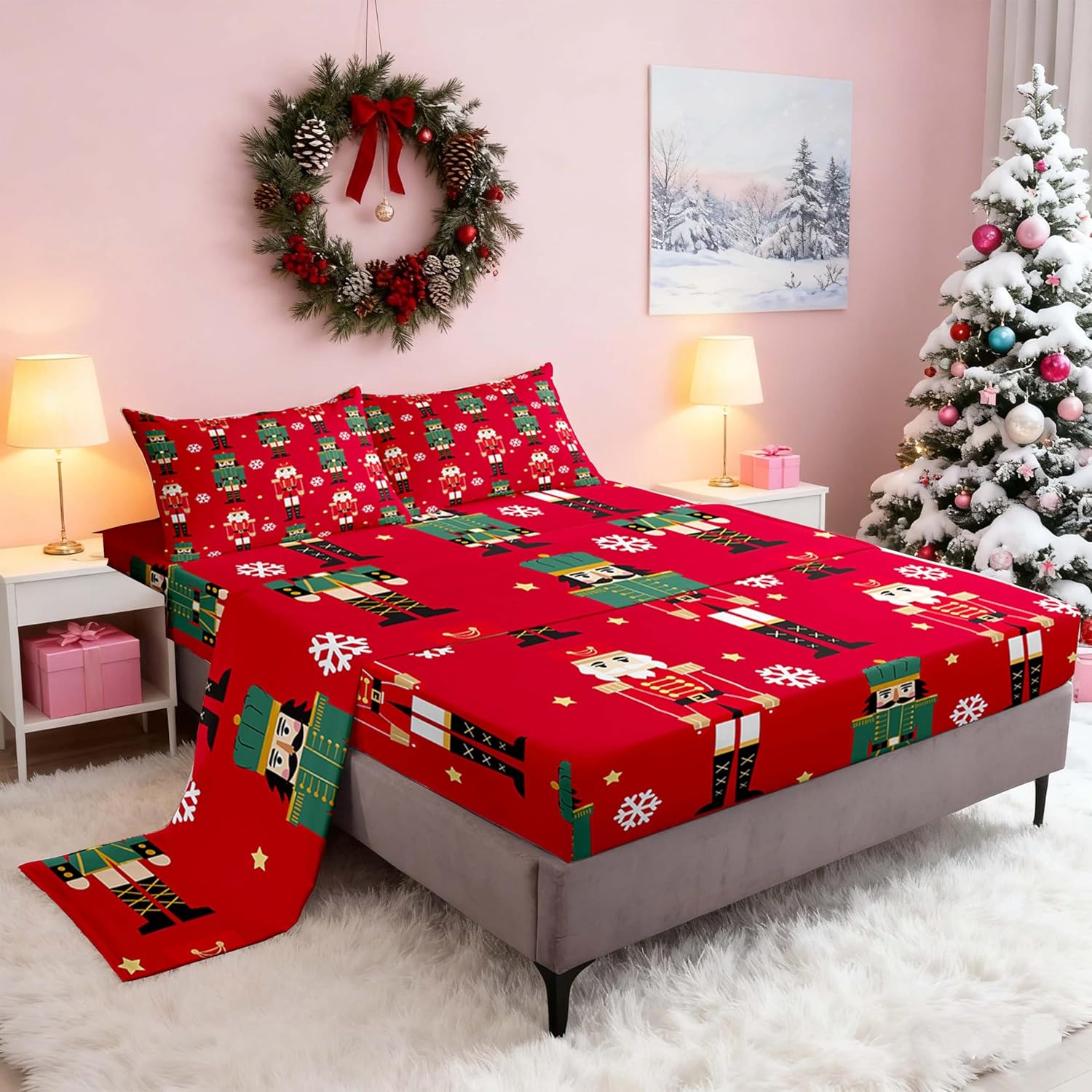 Feelyou Christmas Nutcracker Bed Sheets Set Twin Size Merry Christmas Bed Set Snow Black Red Green Deep Pocket Fitted Sheet Cartoon Wooden Soldier Toy Breathable Soft Microfiber Winter Holiday