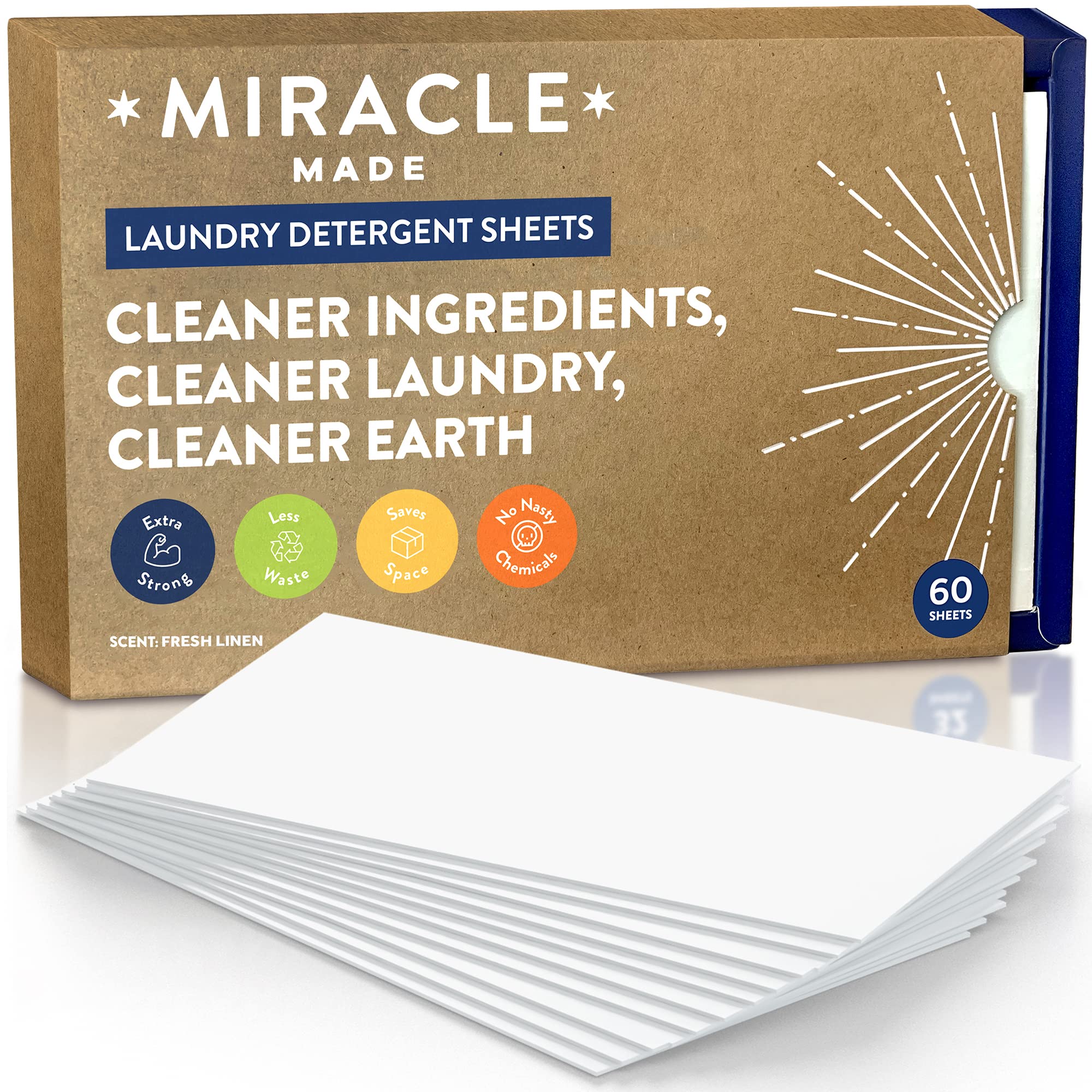 Miracle Made Liquidless Laundry Detergent Sheets – Ultra-Concentrated, Space-Saving, Plastic-Free – No Dyes, Bleach, or Parabens – 60 Strips (120