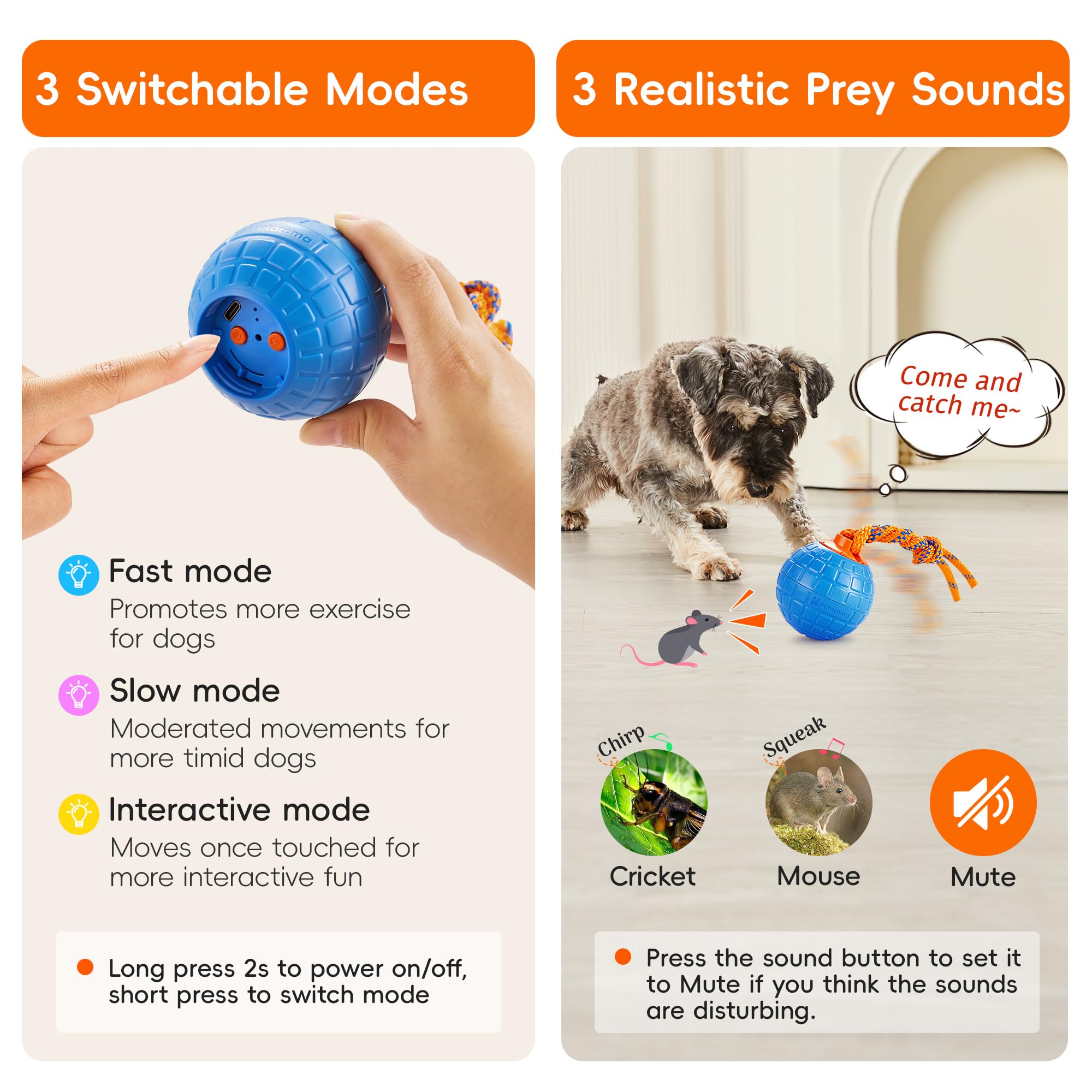 Potaroma Jouet interactif pour Chien - Activation Tactile - Jouet sonore couineur pour Chien - Balle Mobile pour l'exercice du Chiot avec Corde à mâcher - Bleu Delft
