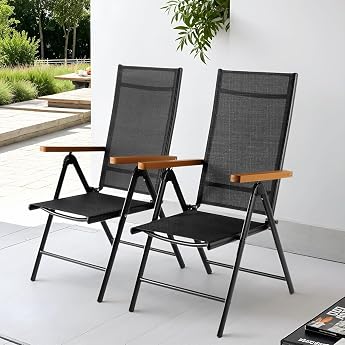 Clevich Set of 2 High-Backed Garden Chairs Aluminum Balcony Chair Folding Camping Chair Teak Brown WPC Armrests 7-Way Adjustable Backrest Breathable and Weatherproof