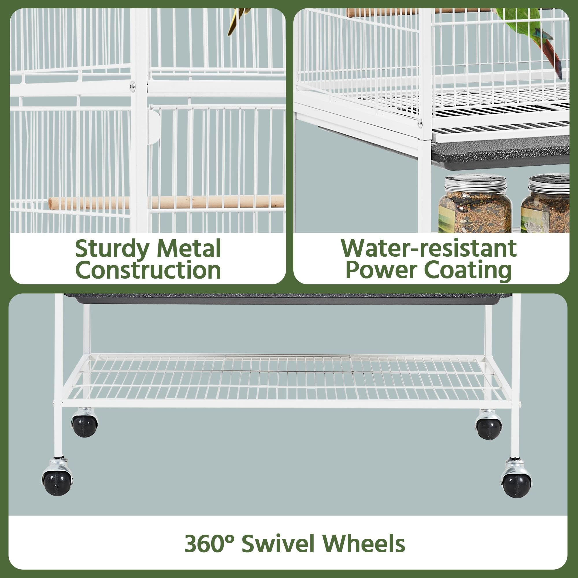Yaheetech Cage à oiseaux avec support - 3 poteaux en bois et 4 mangeoires - Cage à perruches avec 4 roulettes - Volière pour perroquets - 52 x 79 x 132 cm - Blanc