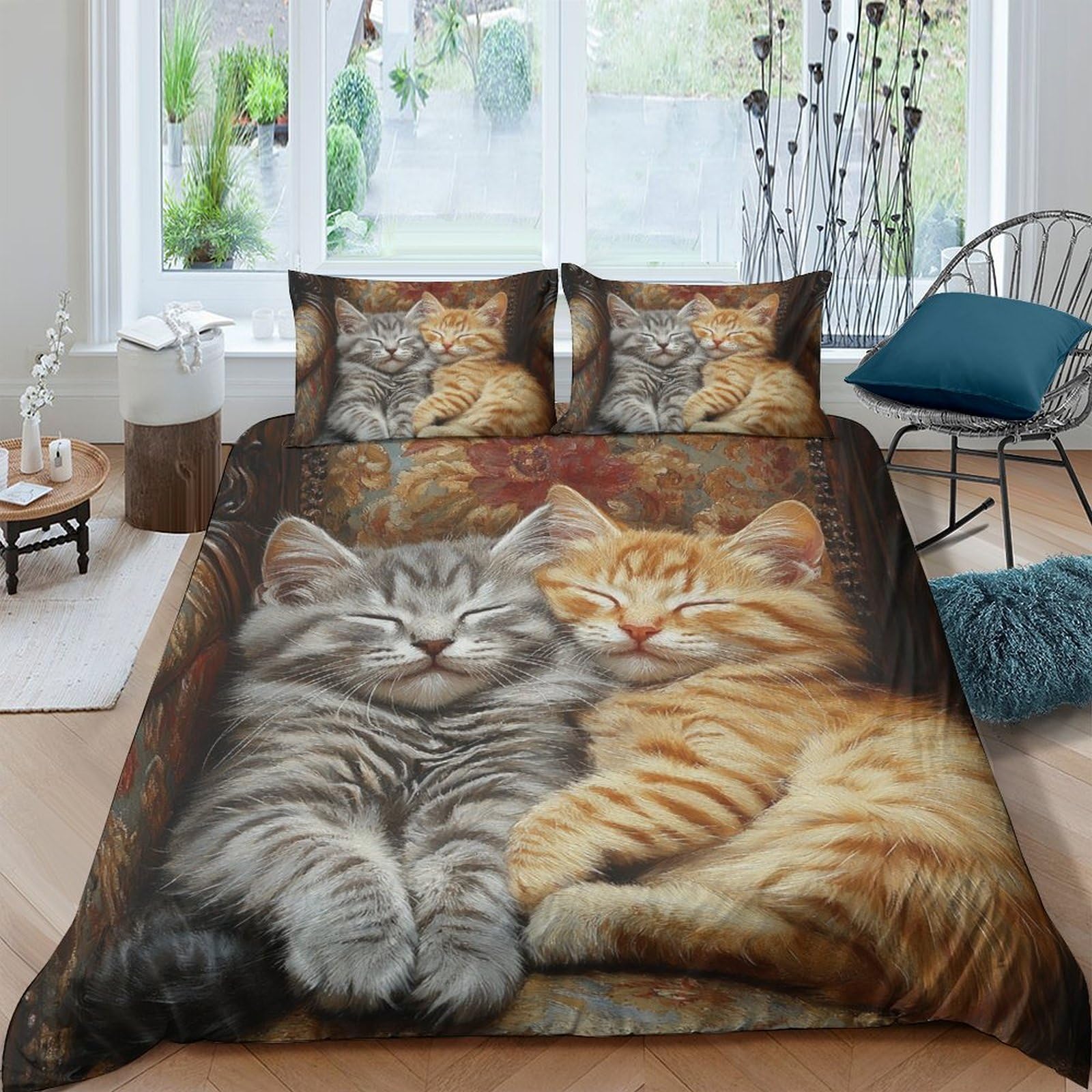 Ctjqhvkz Style-2 3D Printed Tabby Cat Fitted Sheet Microfiber Soft Breathable Orange Kitten Bed Cover For Bedroom Dorm Mattress Protection Decor Single（135X200cm）