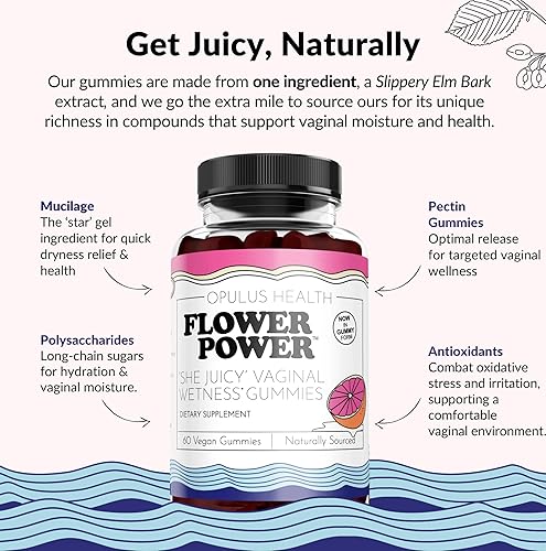 Miniatura 2 de Flower Power Gomitas de sequedad vaginal - Hidratante vaginal para sequedad, cuidado femenino, mezcla de corteza de olmo resbaladizo sin azúcar,