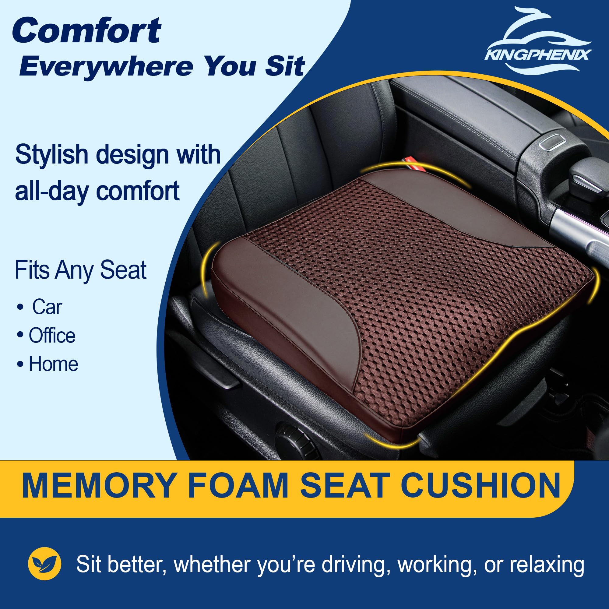 kingphenix Coussin de siège de voiture – Coussin en mousse à mémoire de forme pour un confort de conduite – Augmente la hauteur et soulage les douleurs du coccyx et du bas du dos – Voiture, camion