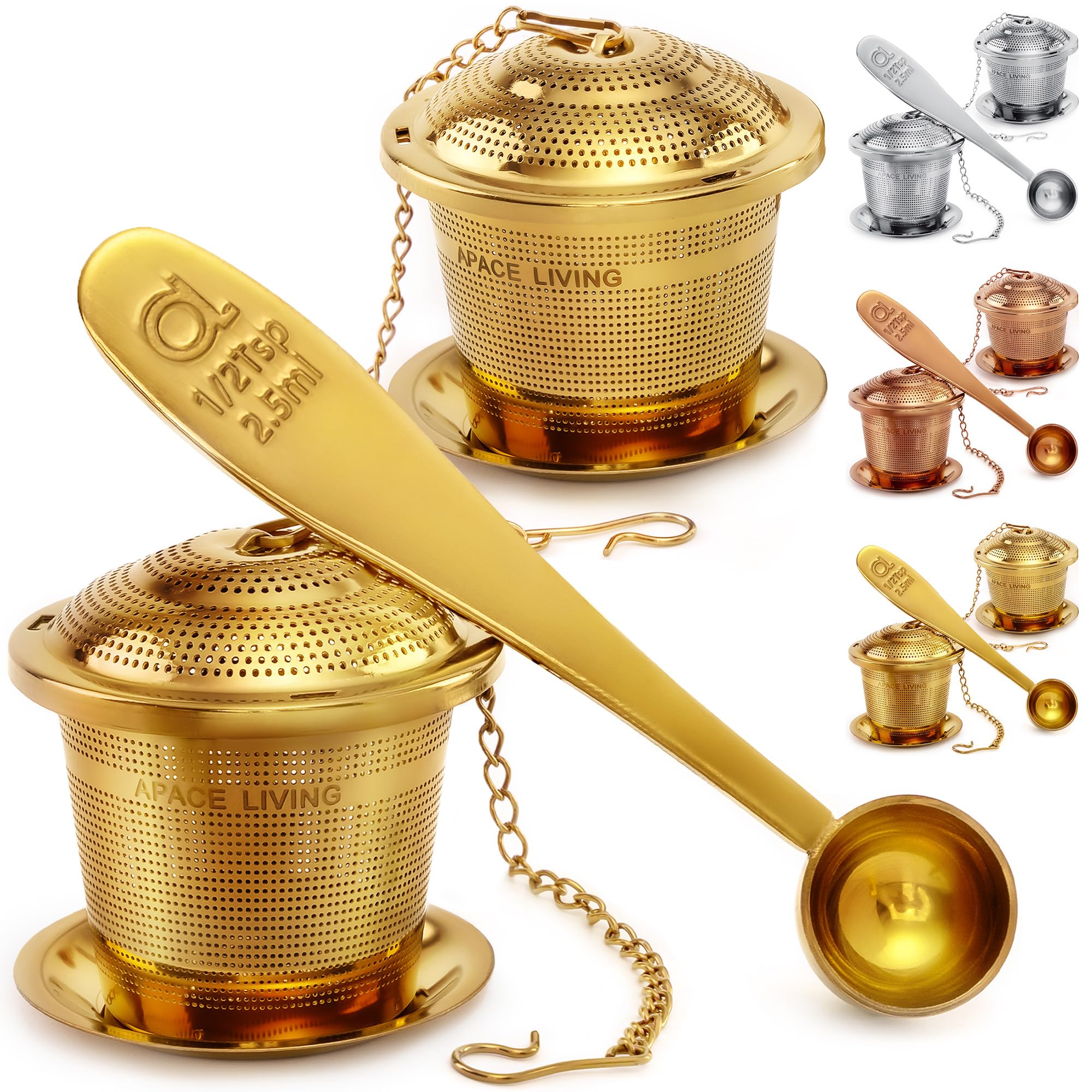 Apace Loose Leaf Tea Infuser (Set of 2) with Tea Scoop and Drip Tray - Ultra Fine Stainless Steel Strainer & Steeper (Gold, Medium)
