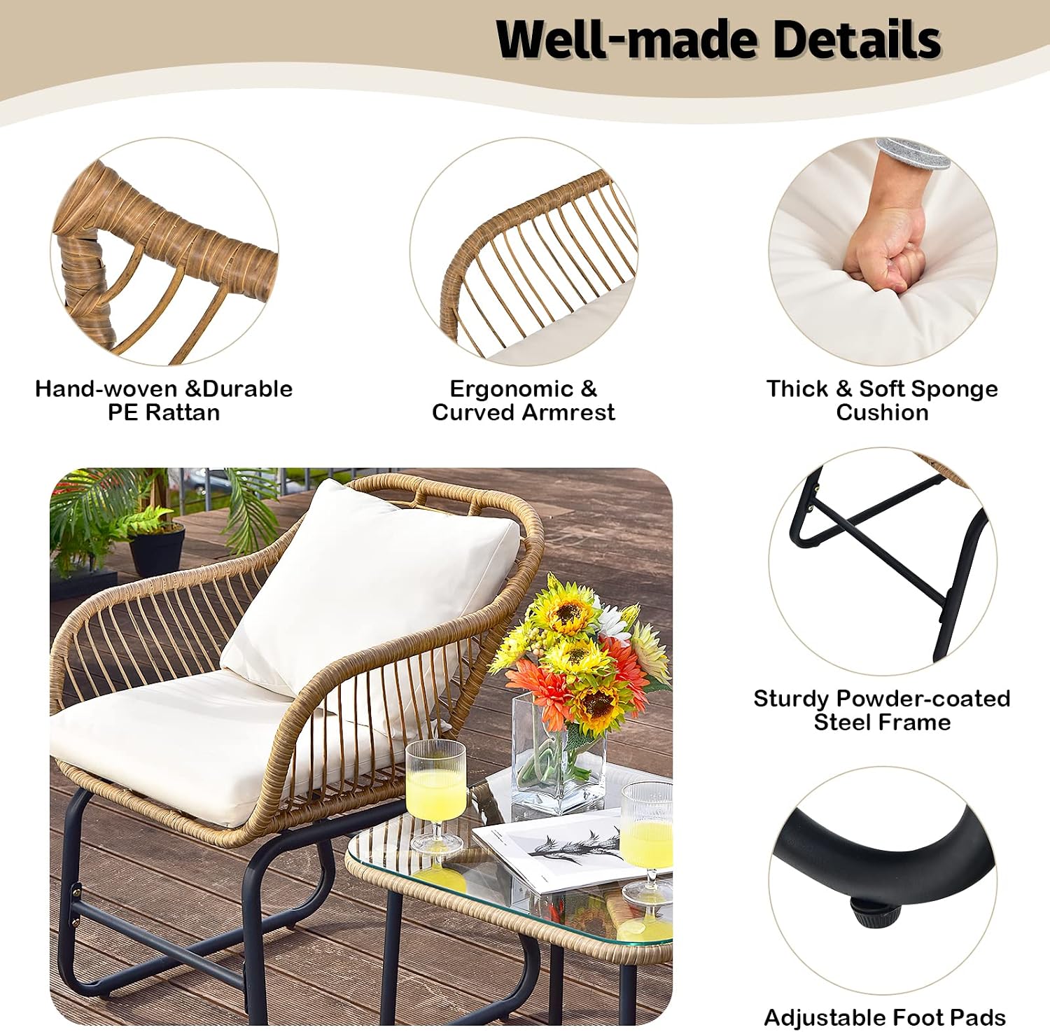 Tangkula 3 Pieces Outdoor Bistro Set, Patiojoy All Weather Rattan Armchairs and Coffee Table Set w/Cushions & Pillows, Patio Wicker Conversation Furniture for Balcony, Poolside, Backyard, Garden