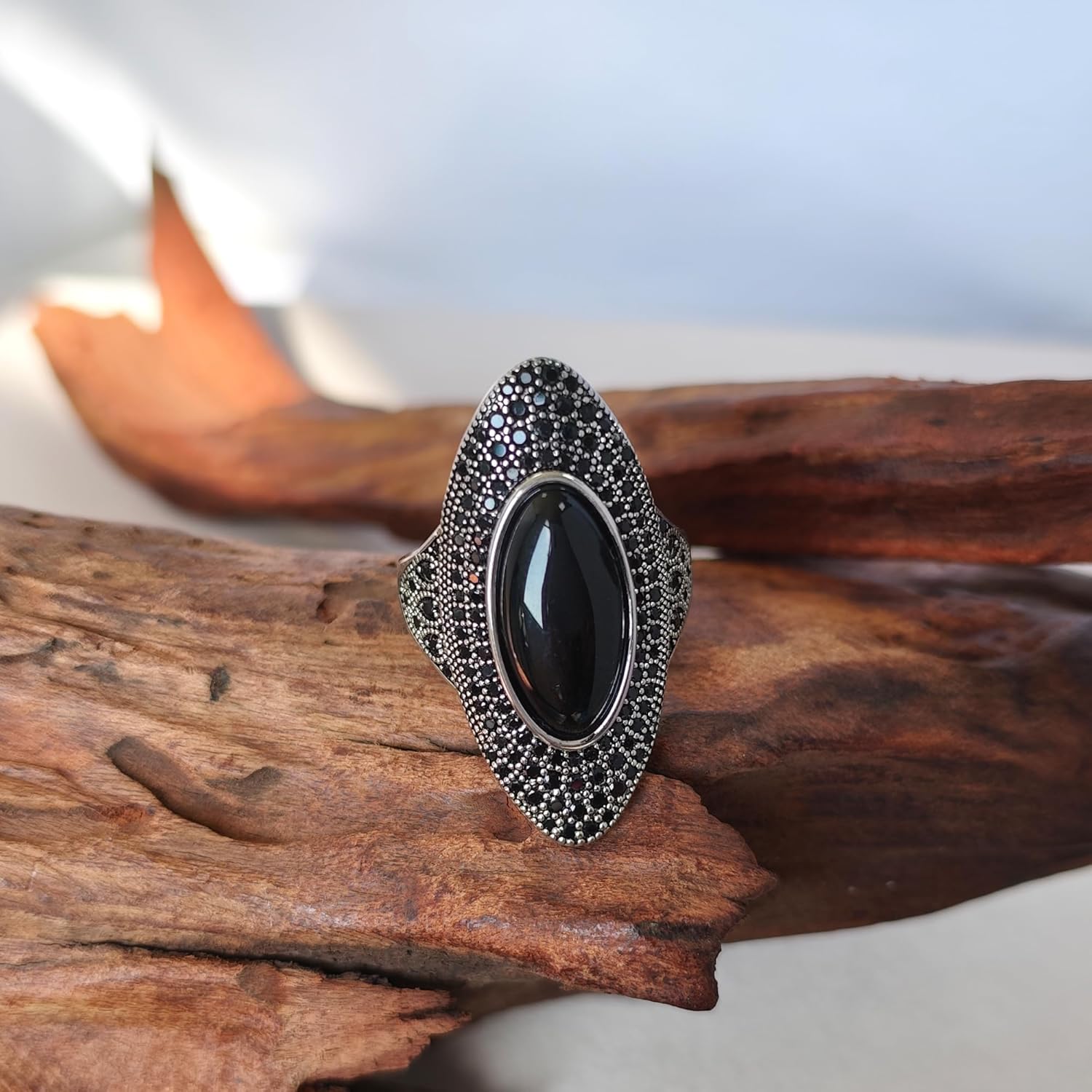 Adjustable Black Onyx Statement Ring, Oval and Marquise Solitaire in 925 Sterling Silver,An Artisan Statement Piece for Her