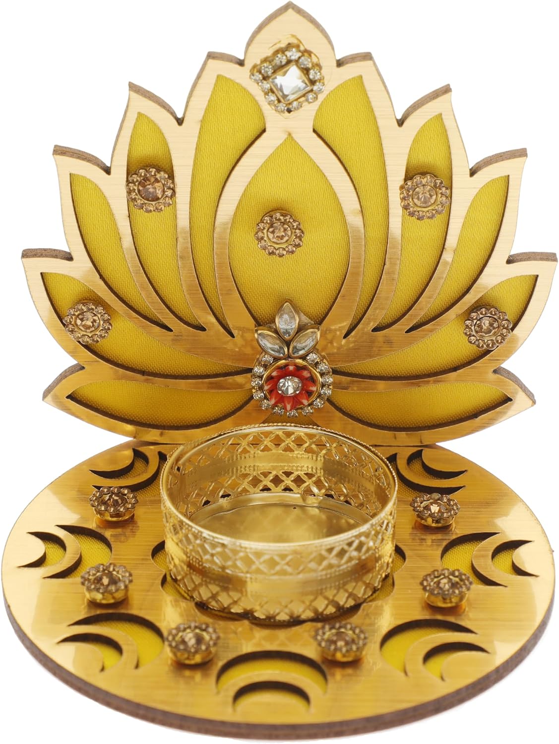 Set of 2 Decorative MDF Wooden Lotus T Light Holder Candle Stand Tealight for Indian Traditional Festival Diwali Decorations Lighting Accessories Home Decor (Without Wax) (Size: -4 Inches) (Yellow image 3