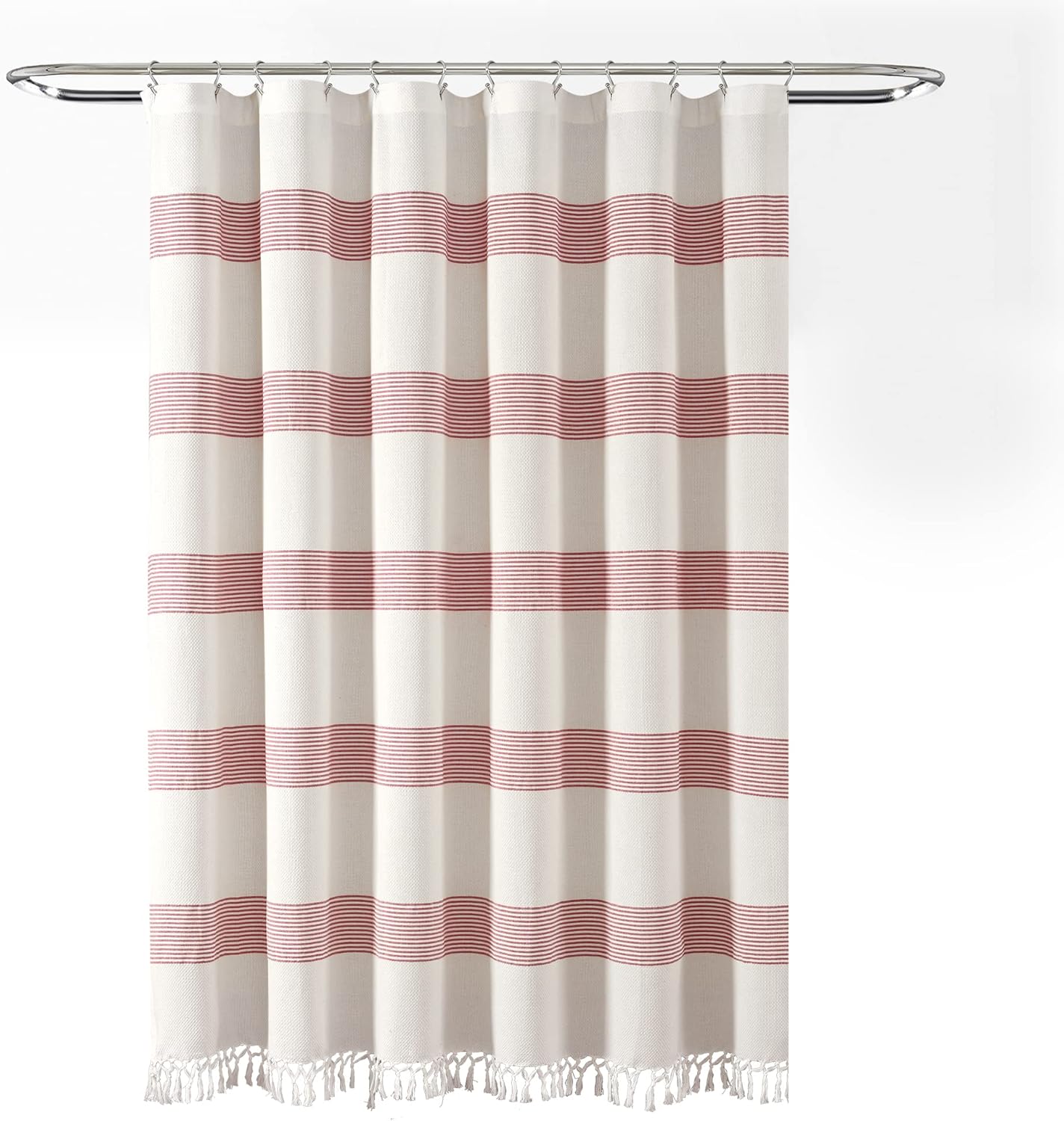 Lush Decor Tucker Stripe Yarn Dyed Cotton Knotted Tassel Shower Curtain, 72" x 72", White & Red