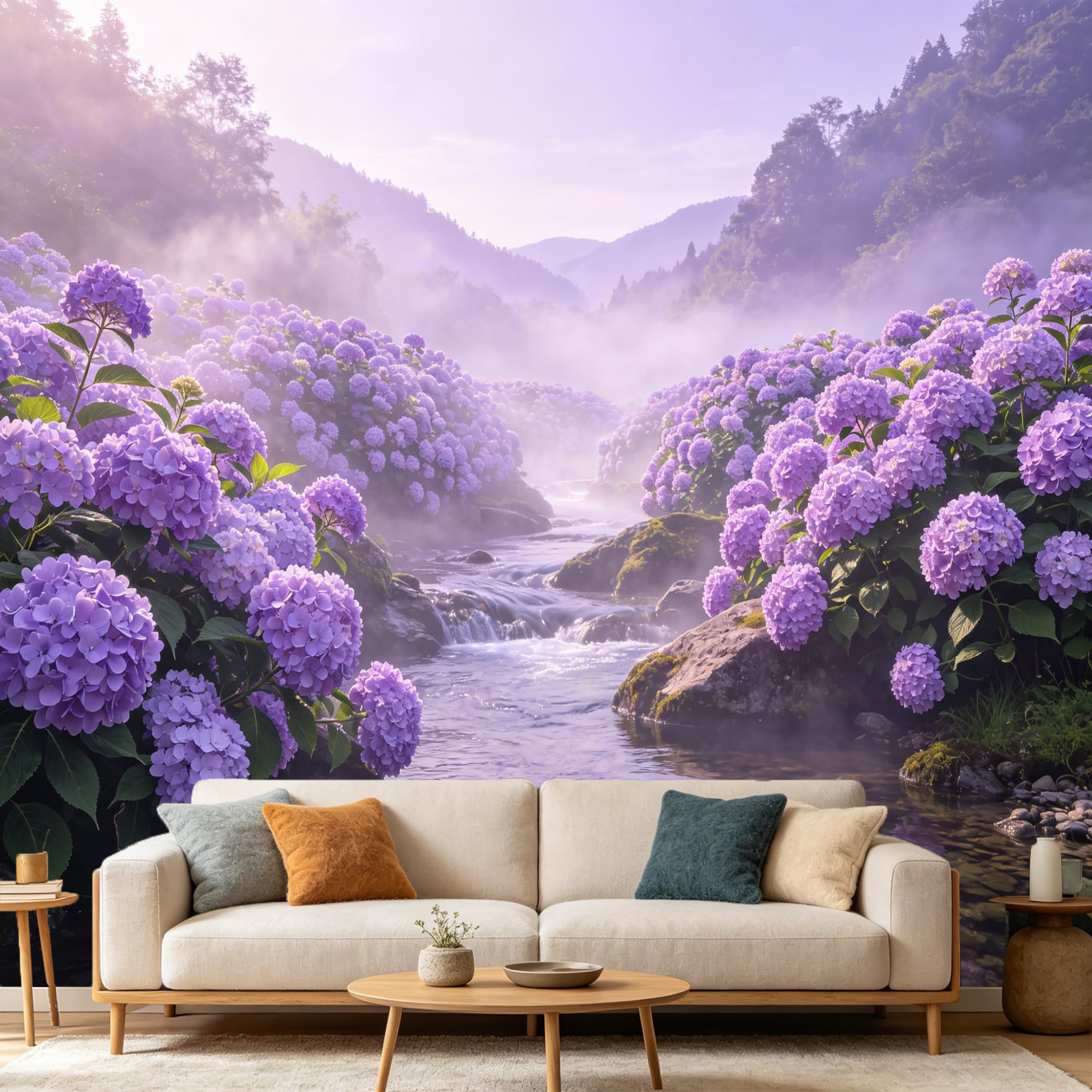 Custom Size Wall Mural Botanical Hydrangea Flowers Misty Mountain Stream SelfAdhesive Art Prints wall Fabric（No PVC） Removable Wallpaper Home Bedroom Decor