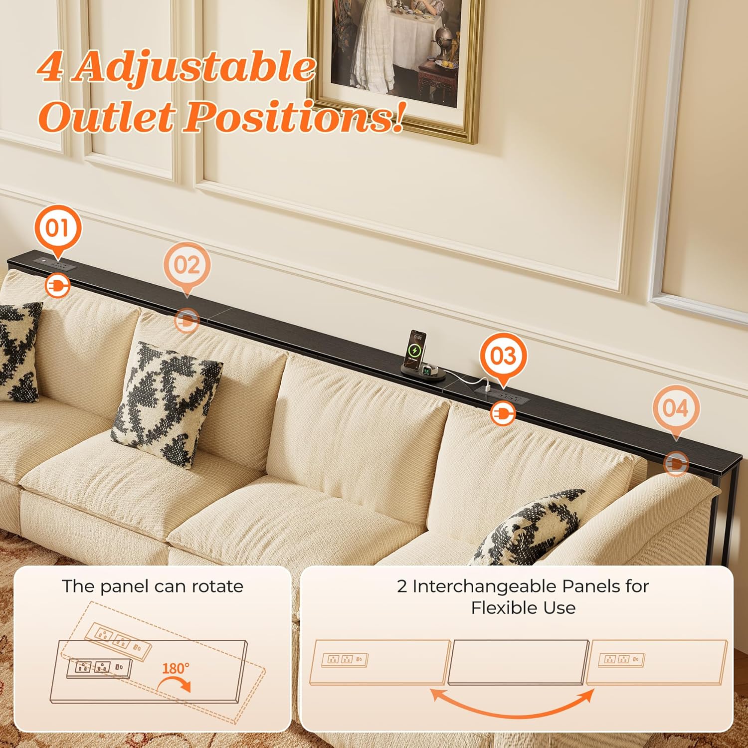 SUPERJARE 118.1 Inch Sofa Table with 2 Power Outlets and USB-C Port, 5.9 Inch Narrow Console Table with Storage, Extra-Long, for Entryway Hallway Couch Behind Sofa, Small Spaces, Black