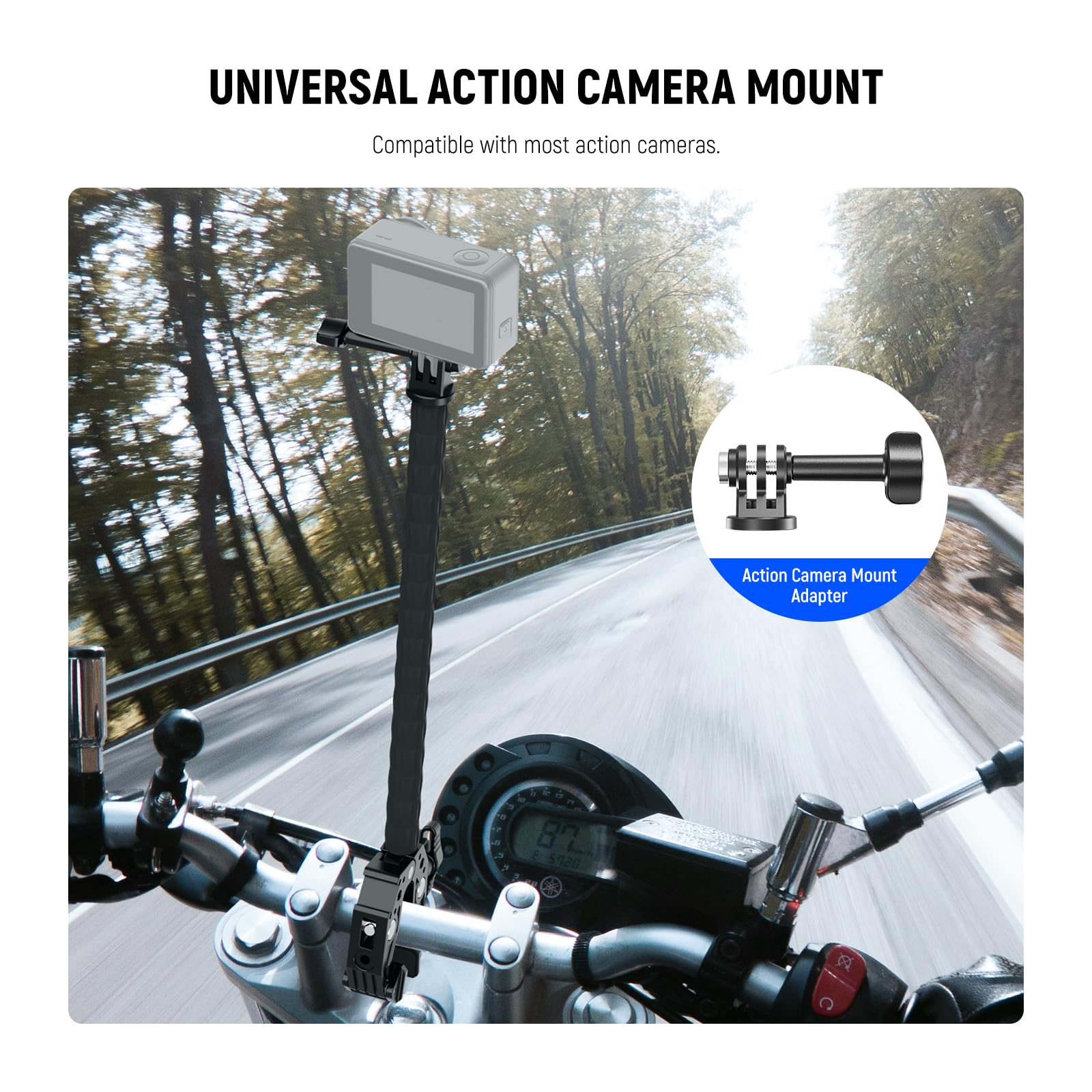 NEEWER Kit di Supporto Action Camera+Super Clamp, Tubo Morbido,Attacco Action Cam, Portatelefono Regolabile per Superfici Piane/Rotonde, Compatibile con GoPro Insta360 DJI Action Cam Smartphone, GP-26