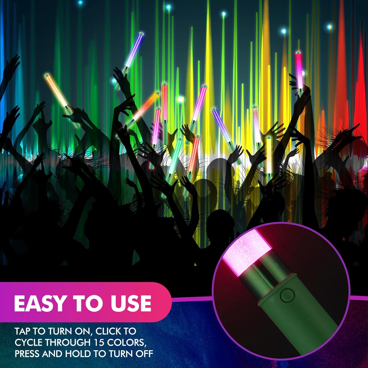 Glooglitter 12 Pcs Glow Sticks Reusable 15 Colors LED Light up Stick Bulk Glow in the Dark Party Supplies Flashing Bright Lightsticks with Aaa Battery Powered for Concert Halloween Carnival (Green)
