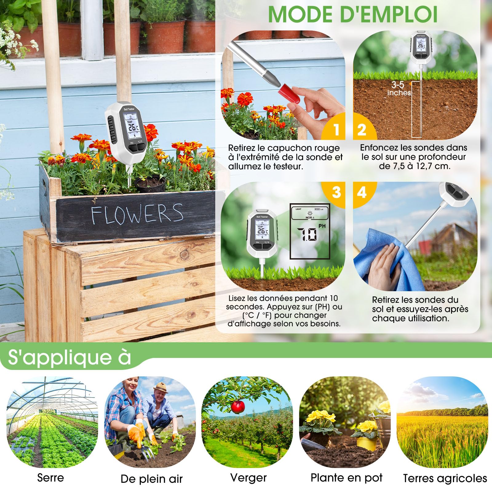 YAMRON testeur humidité Plante，4 en 1 numérique testeur ph Sol，Humidité/PH/Température/Ensoleillement，Écran LCD rétroéclairé，concerner Jardins, fermes, Plantes d'intérieur et d'extérieur.