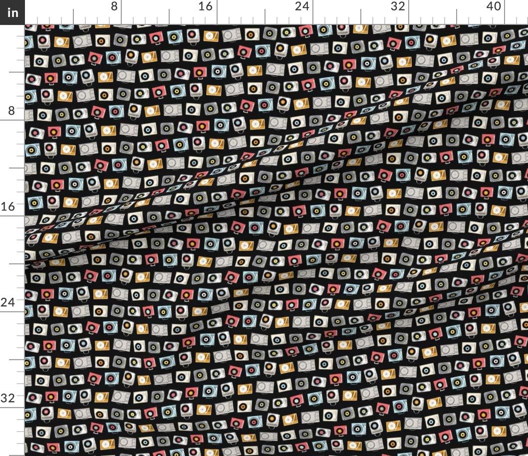 Spoonflower Fabric - Black Vintage Retro Player Records Music 1960S 1970S 1980S Geek Chic Printed on Petal Signature Cotton Fabric by The Yard - Sewing Quilting Apparel Crafts Decor