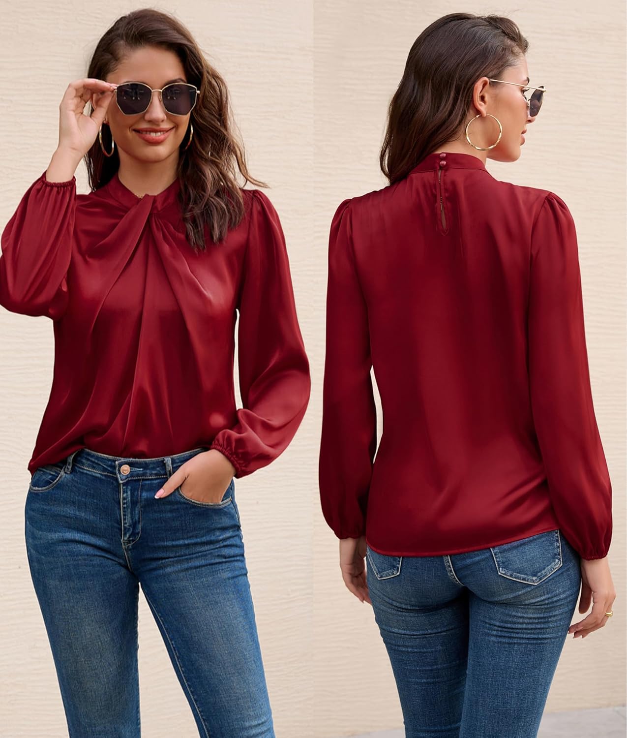 GRACE KARIN Women's Long Sleeve Satin Blouse,Mock Neck Work Silk Shirts,Dressy Tops for Business Casual Office - Image 2