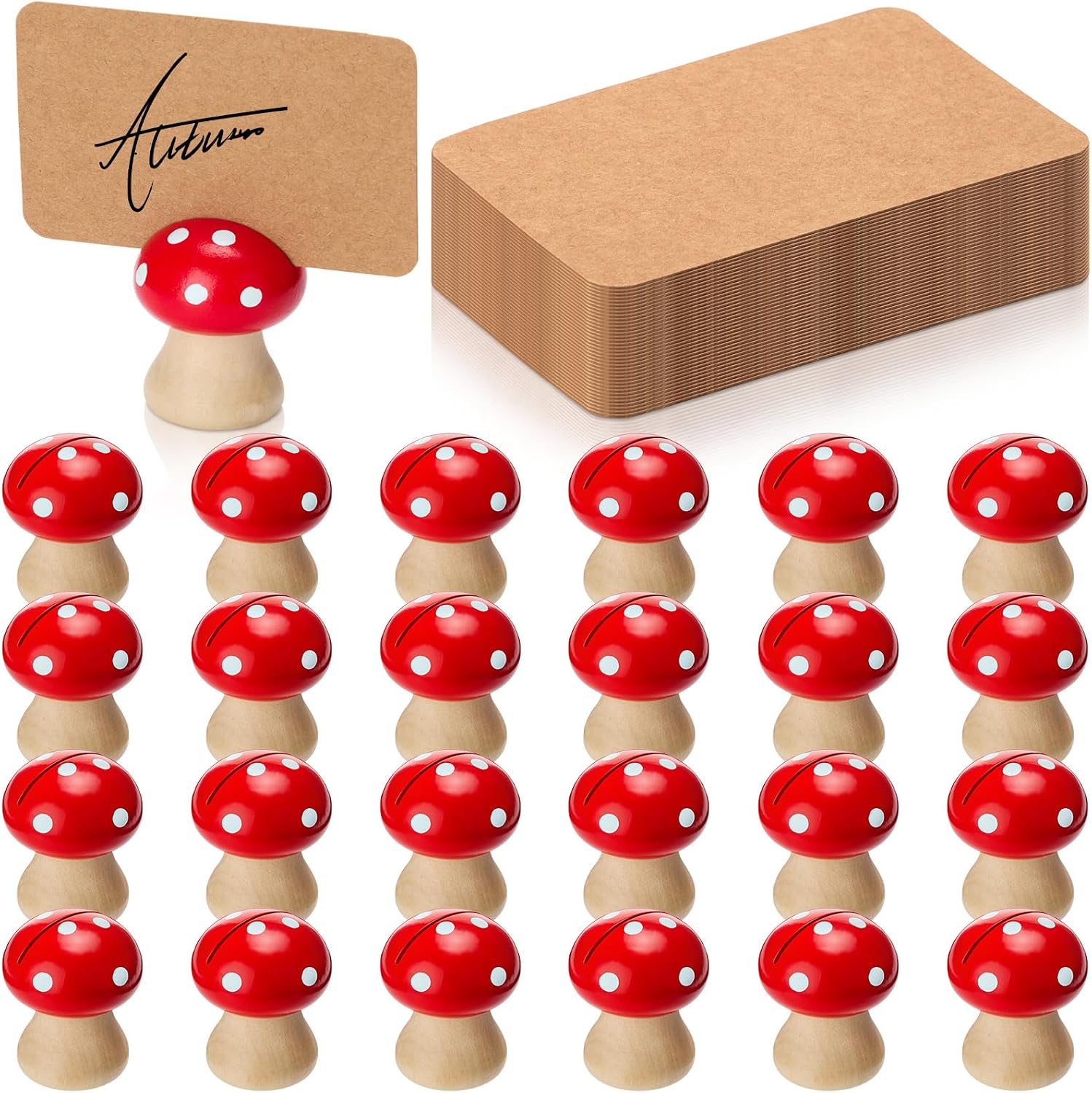 Novabright 24 Pcs Wood Place Card Holders and 100 Kraft Place Cards, Mini Mushroom Table Number Holders, Food Labels for Buffet, Name Card Photo Picture Holder for Harvest Birthday Wedding Party