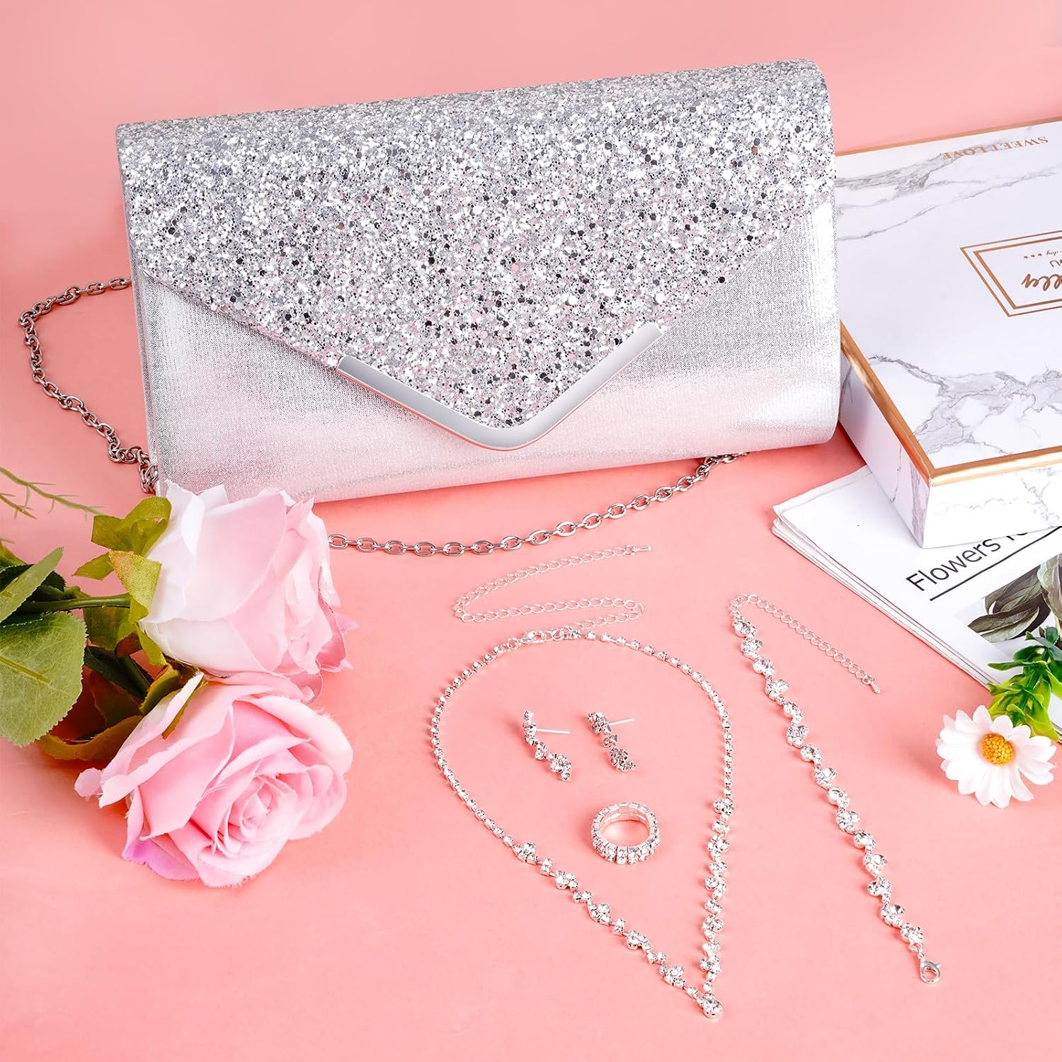Jmkcoz 5 Pcs Women Purse Rhinestone Wedding Jewelry Set Crystal Bridal Necklace Bracelet Earrings Ring Clutch Purse Evening Bag Handbag for Brides Bridesmaid Wedding Halloween Evening Party