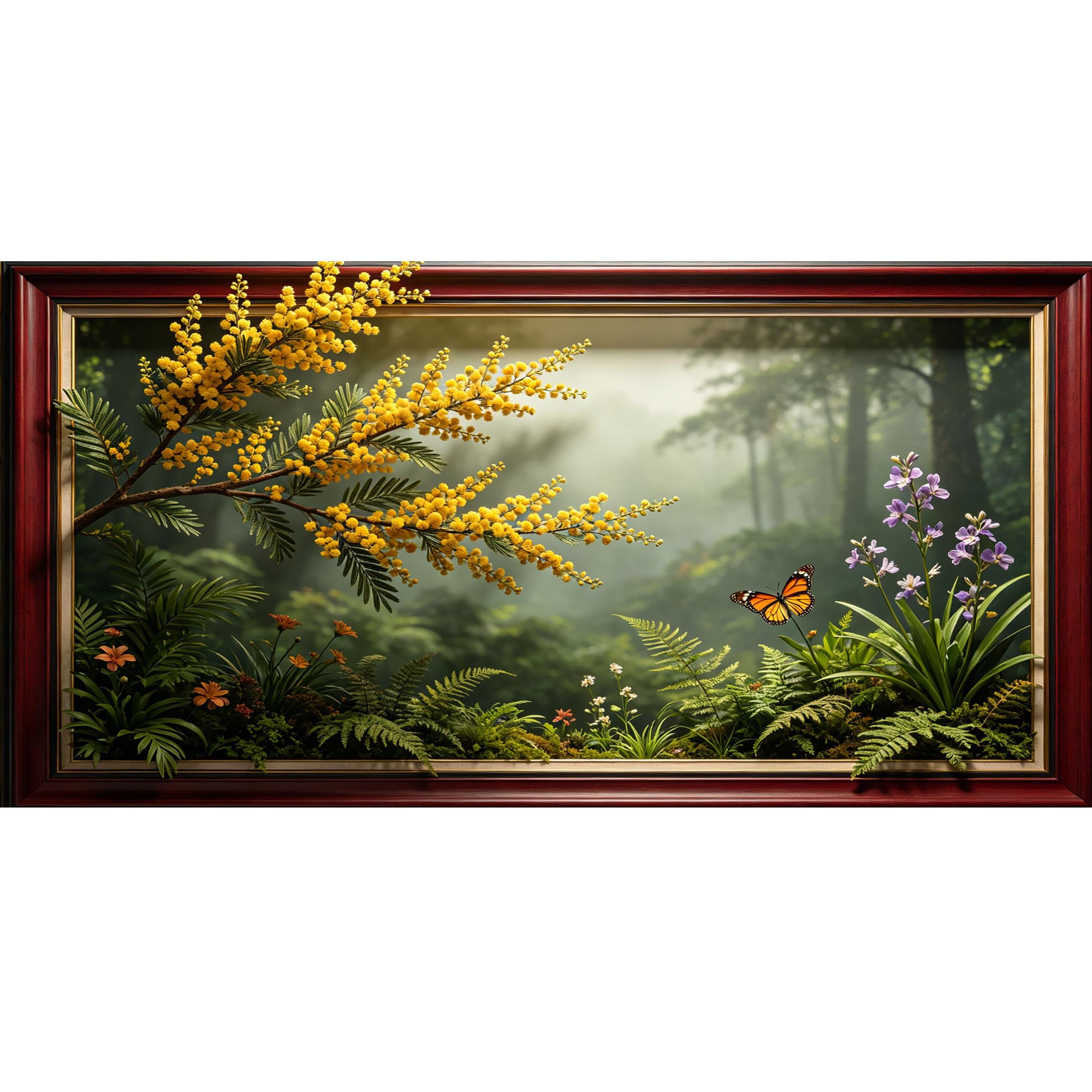 Agglomerix 3D Framed Wall Art Yellow Acacia Flower Butterfly Forest Botanical 3D Trompe l'oeil Large Size SelfAdhesive Removable Wall Decor Prints Artwork for Living Room Bedroom Office
