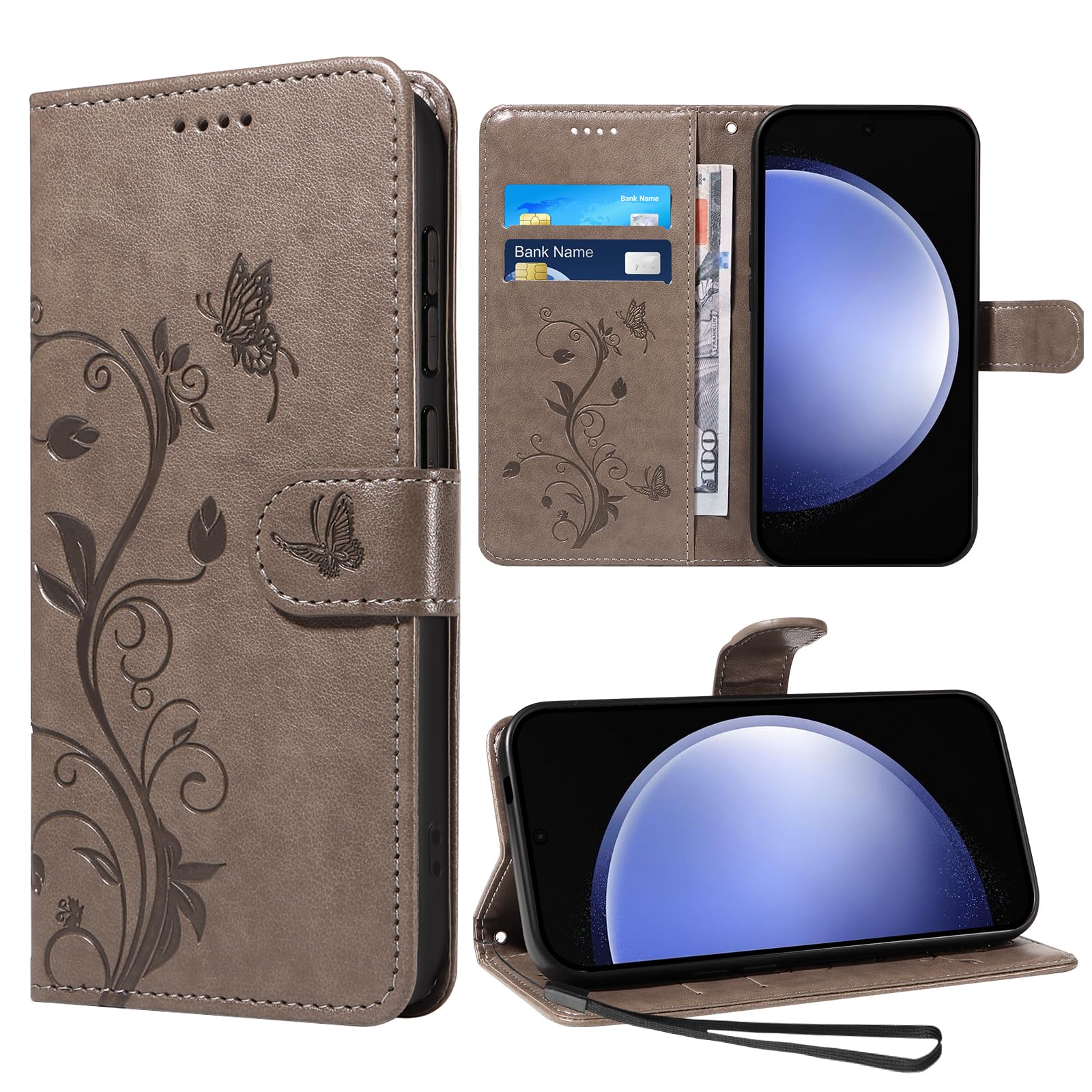 Vanki Lederhülle Kompatibel mit Samsung Galaxy S23 FE Hülle Flip Wallet PU Handyhülle Galaxy S23 FE mit Leder und Prägung Mit Ständer und 3 Kartenfächer Leder Schutzhülle für Samsung S23 FE (Grau)